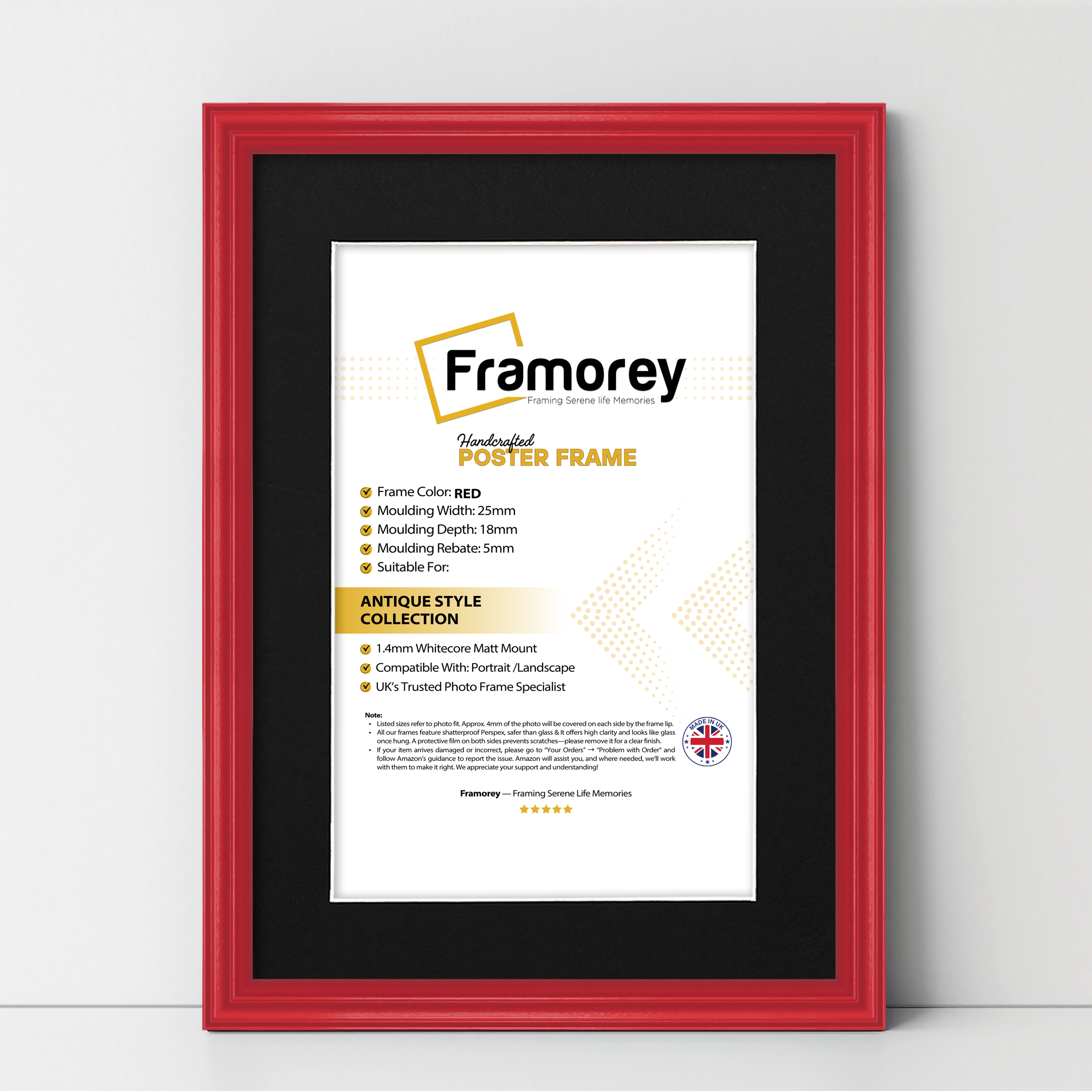 Red antique-style poster frame with black mount, Framorey handmade picture frame for wall display