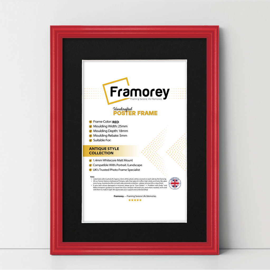 Red antique-style poster frame with black mount, Framorey handmade picture frame for wall display