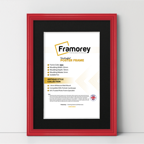 Red antique-style poster frame with black mount, Framorey handmade picture frame for wall display