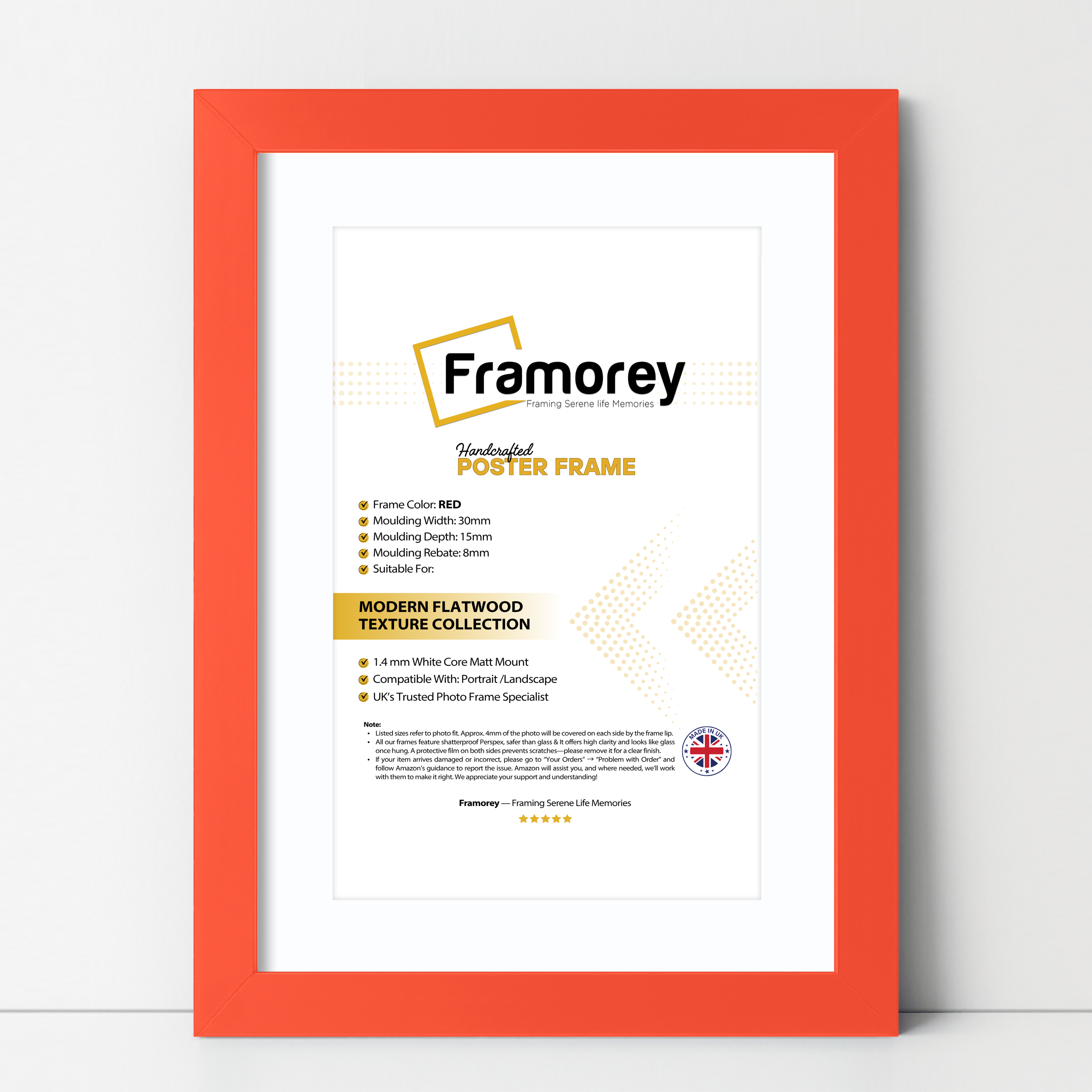 Red With White Mount Flat Wooden picture frame shown from front view on a plain white surface standing with a wall