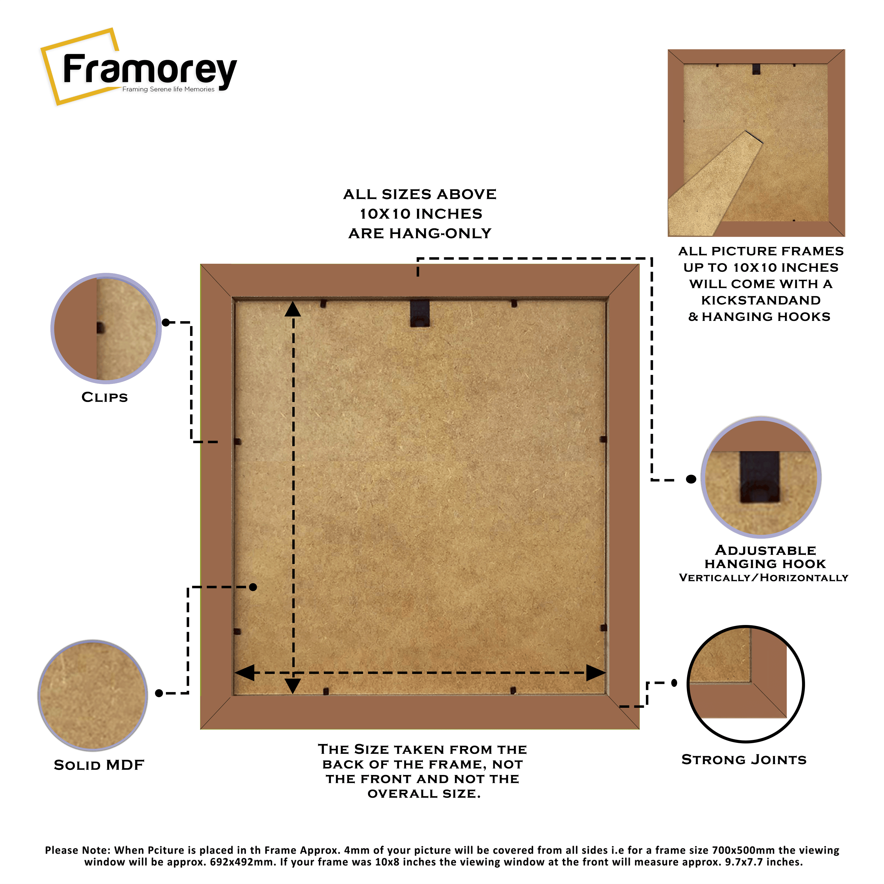 Backside view of a Square Size Rustic Oak Photo Frame with different features separately discussed in it.