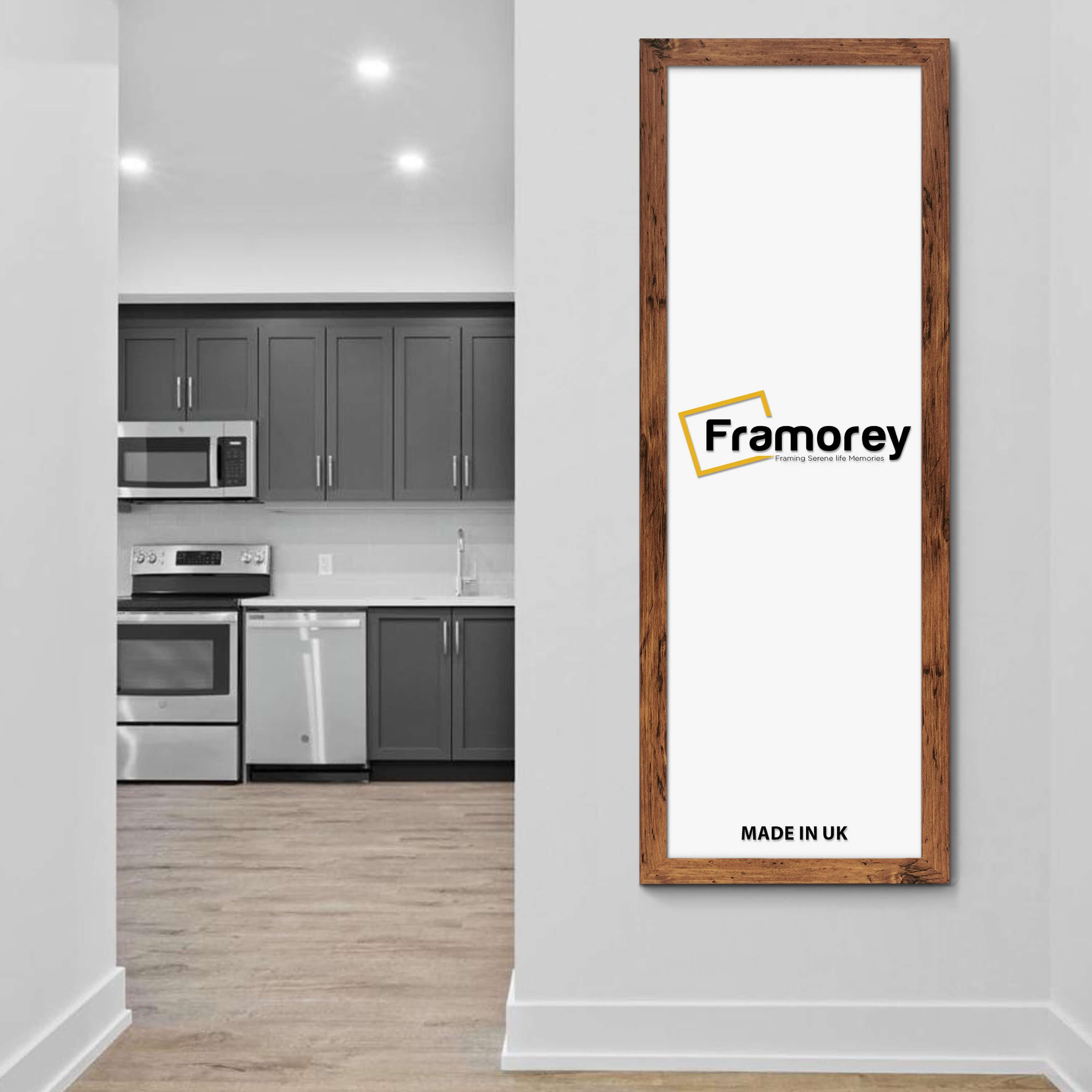 Panoramic Size Rustic Oak Picture Frame is hanging on a wall just right side of the modern kitchen.