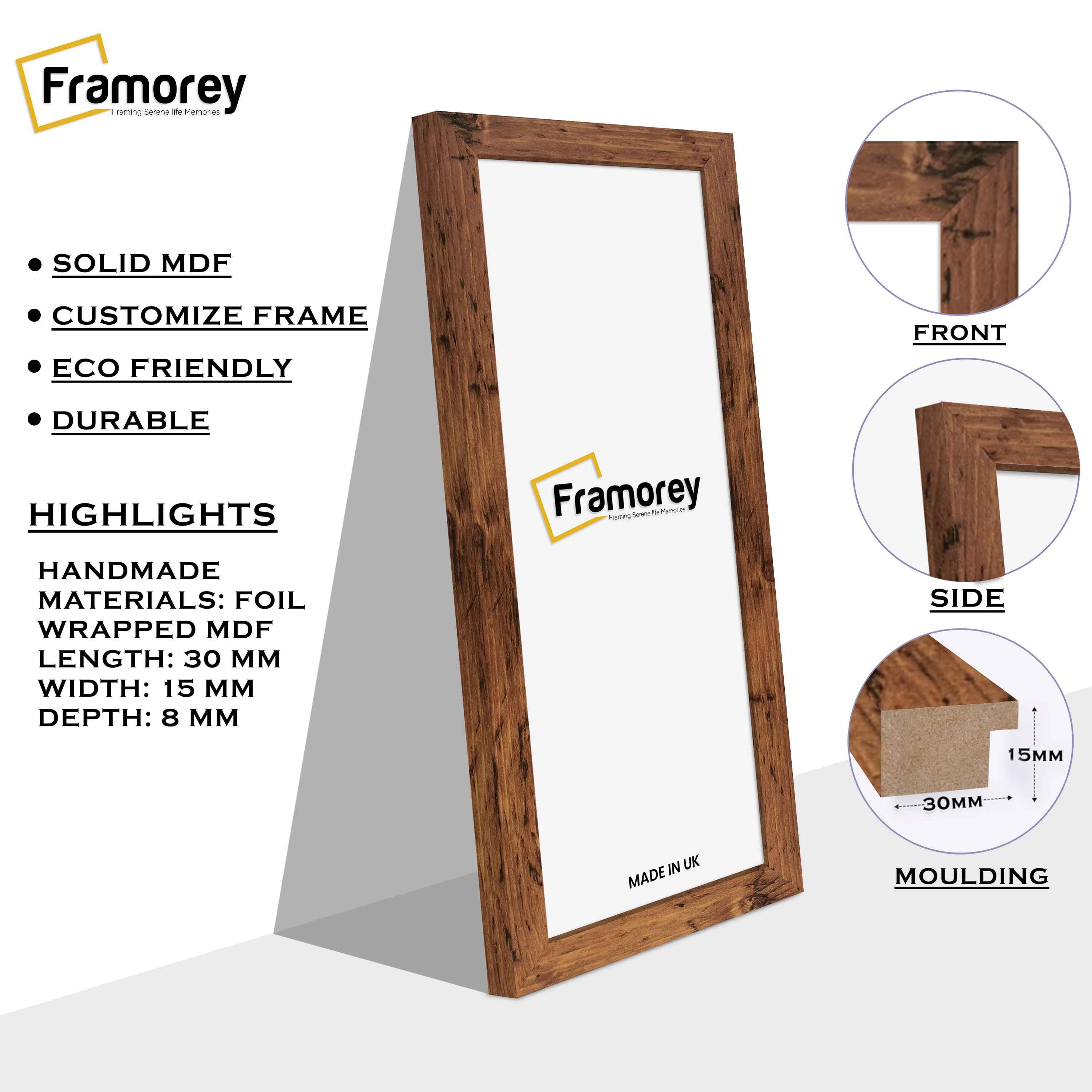 Side view of a Panoramic Size Rustic Oak Photo Frame with some highlights on its material. 
