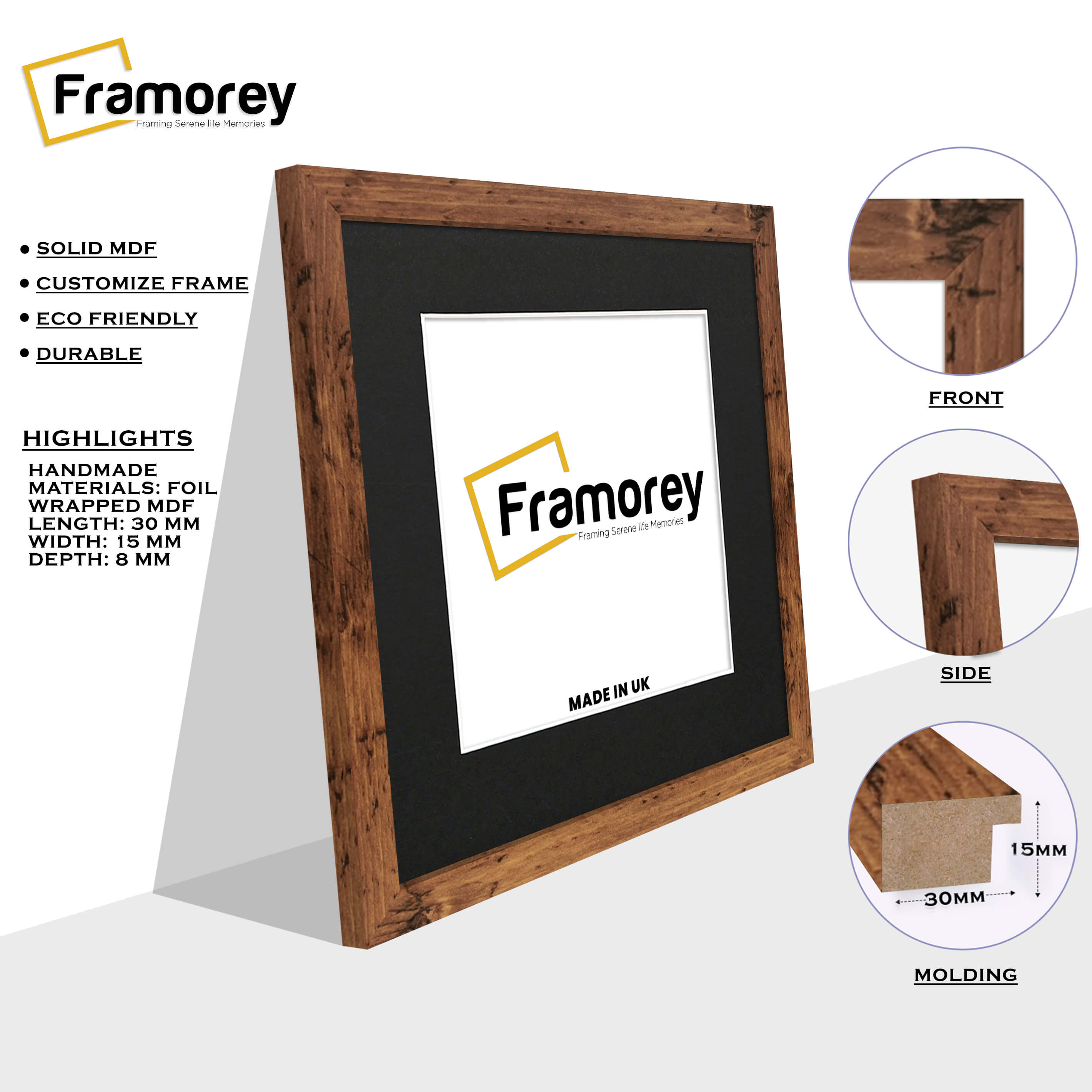 Square Size Rustic Oak Picture Frame With Black Mount