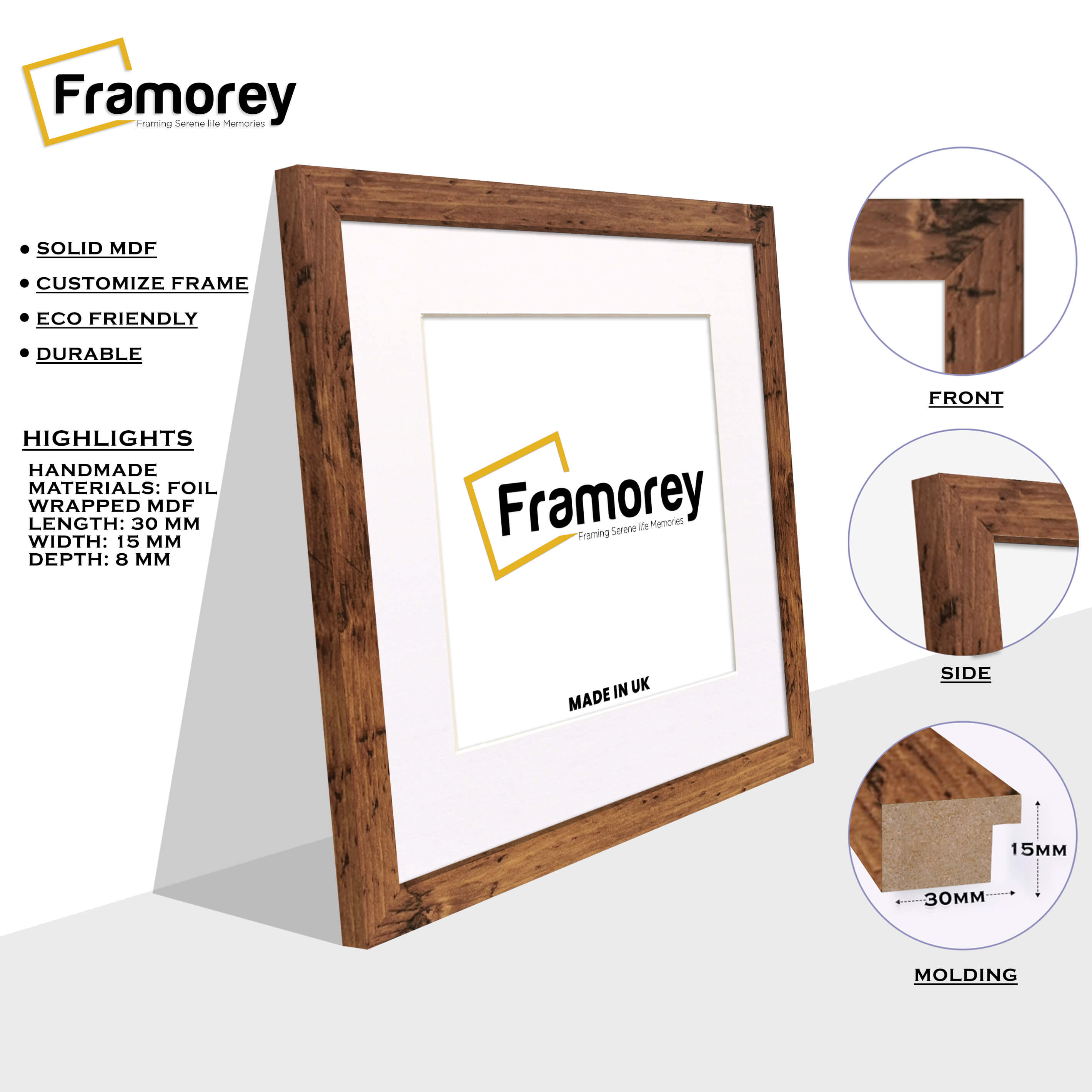 Square Size Rustic Oak Picture Frame With White Mount
