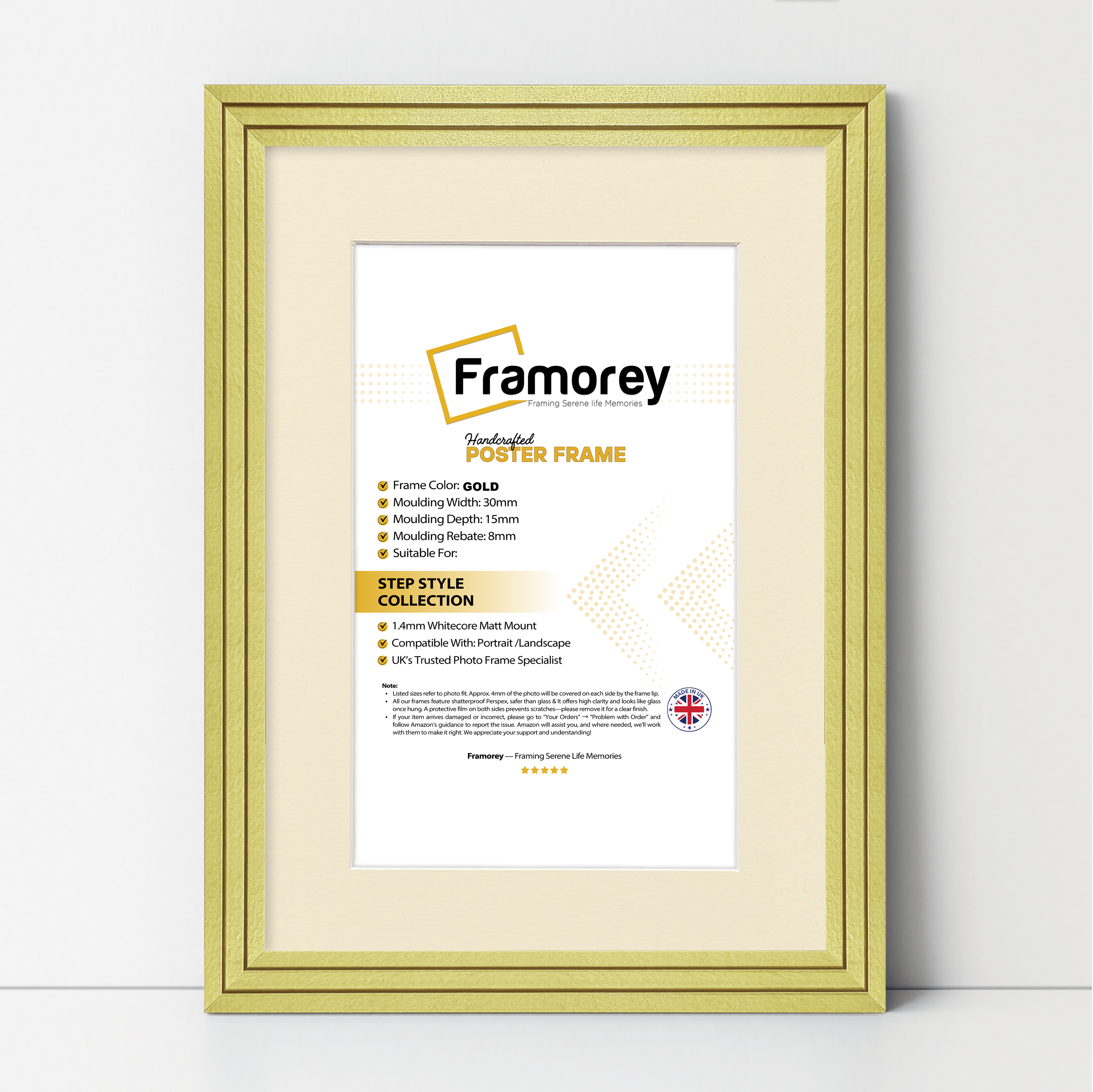 Step Style Gold Picture Frame Wall Art Poster Frame With Ivory Mount