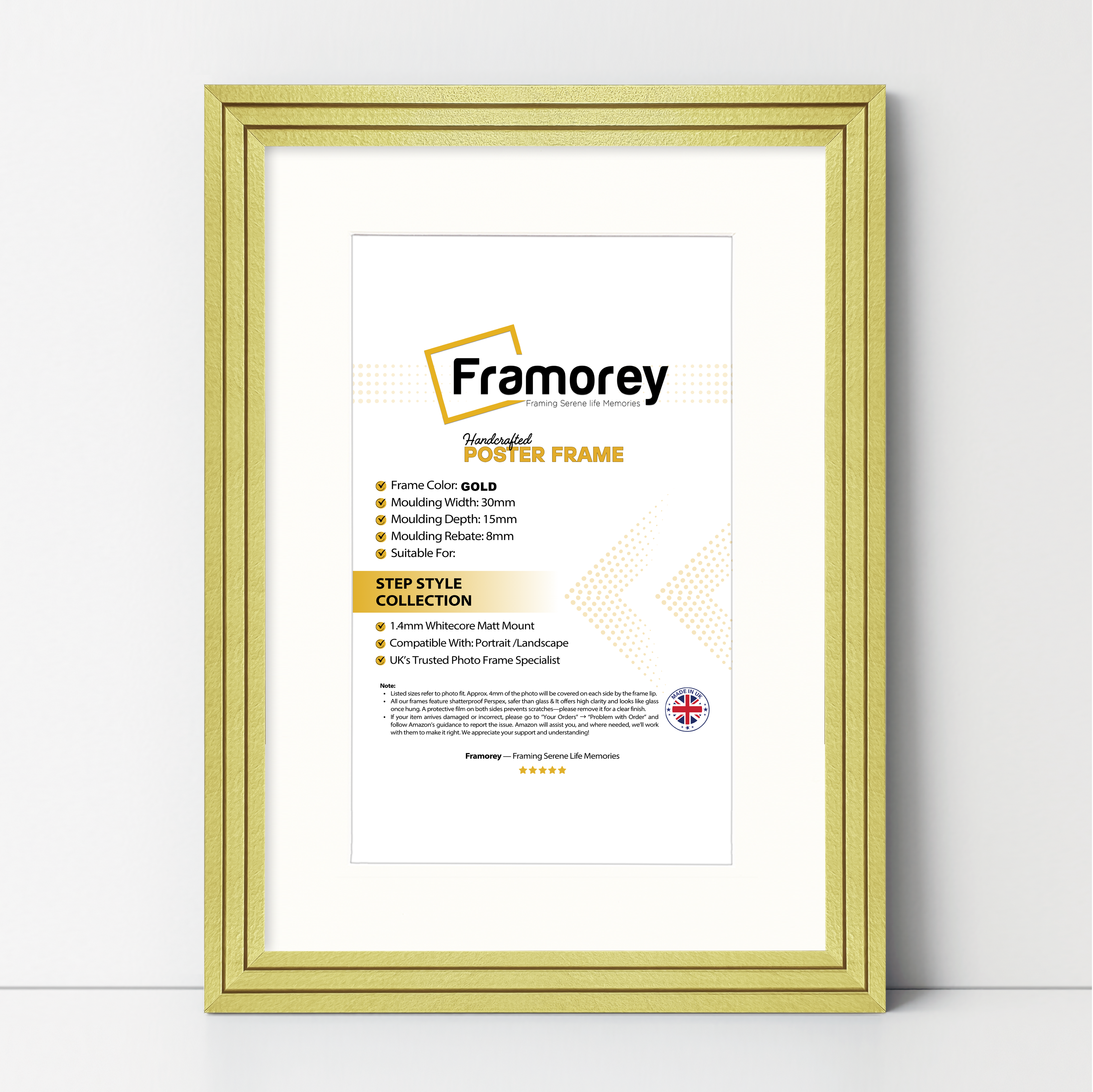 Step Style Gold Picture Frame Wall Art Poster Frame With White Mount