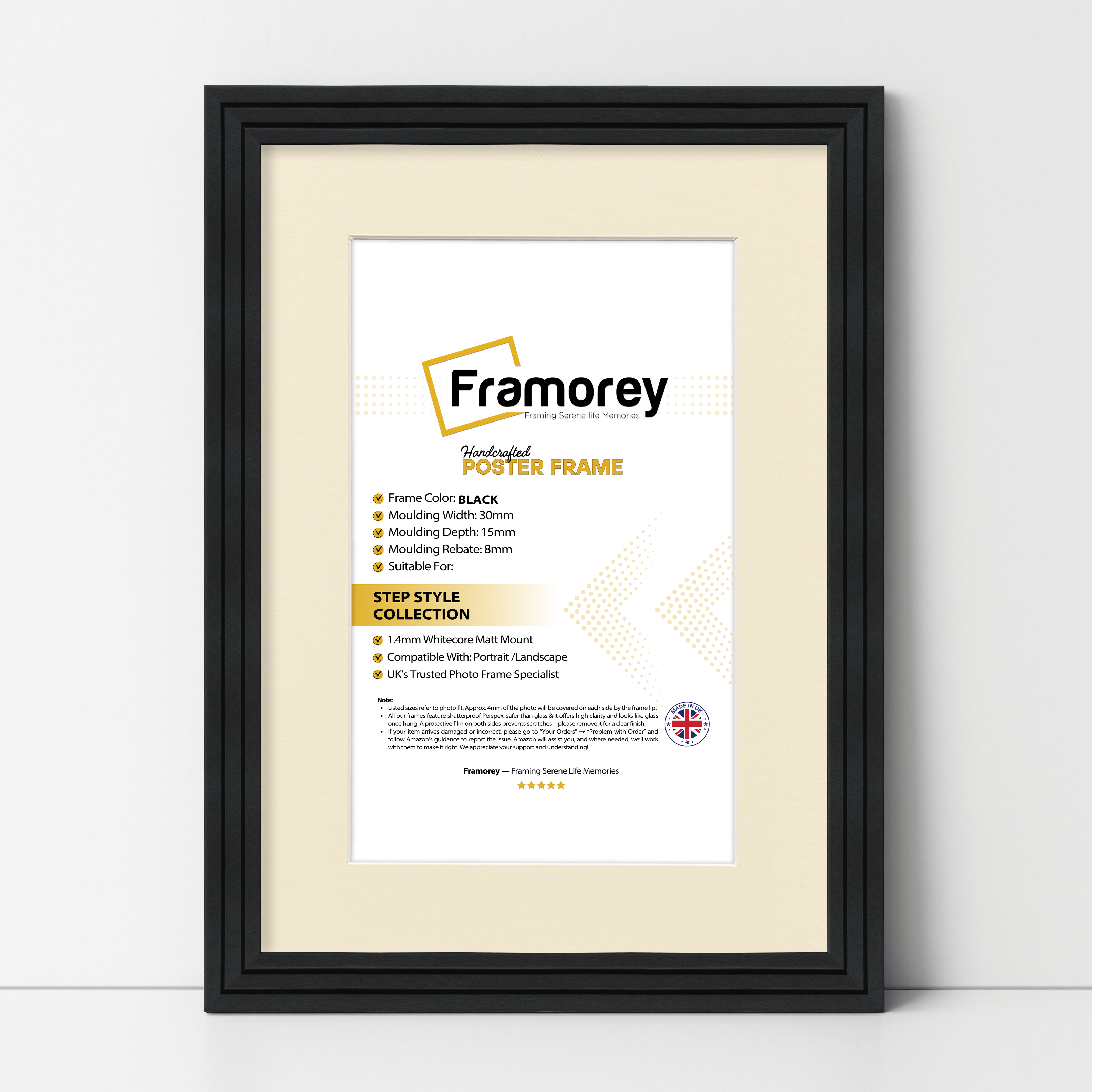 Step Style Black Picture Frame Wall Art Poster Frame With Ivory Mount