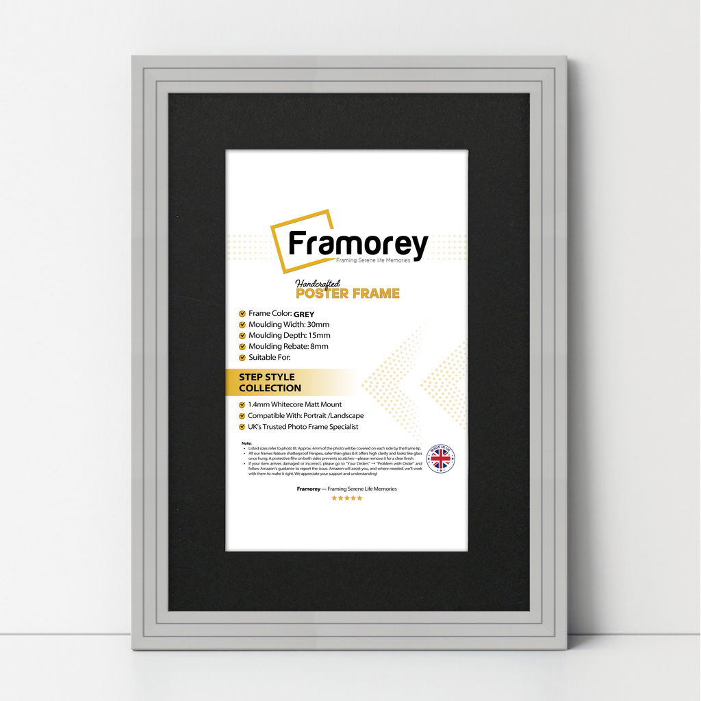 Step Style Grey picture frame With Black Mount shown from front view on a plain white surface standing with a wall