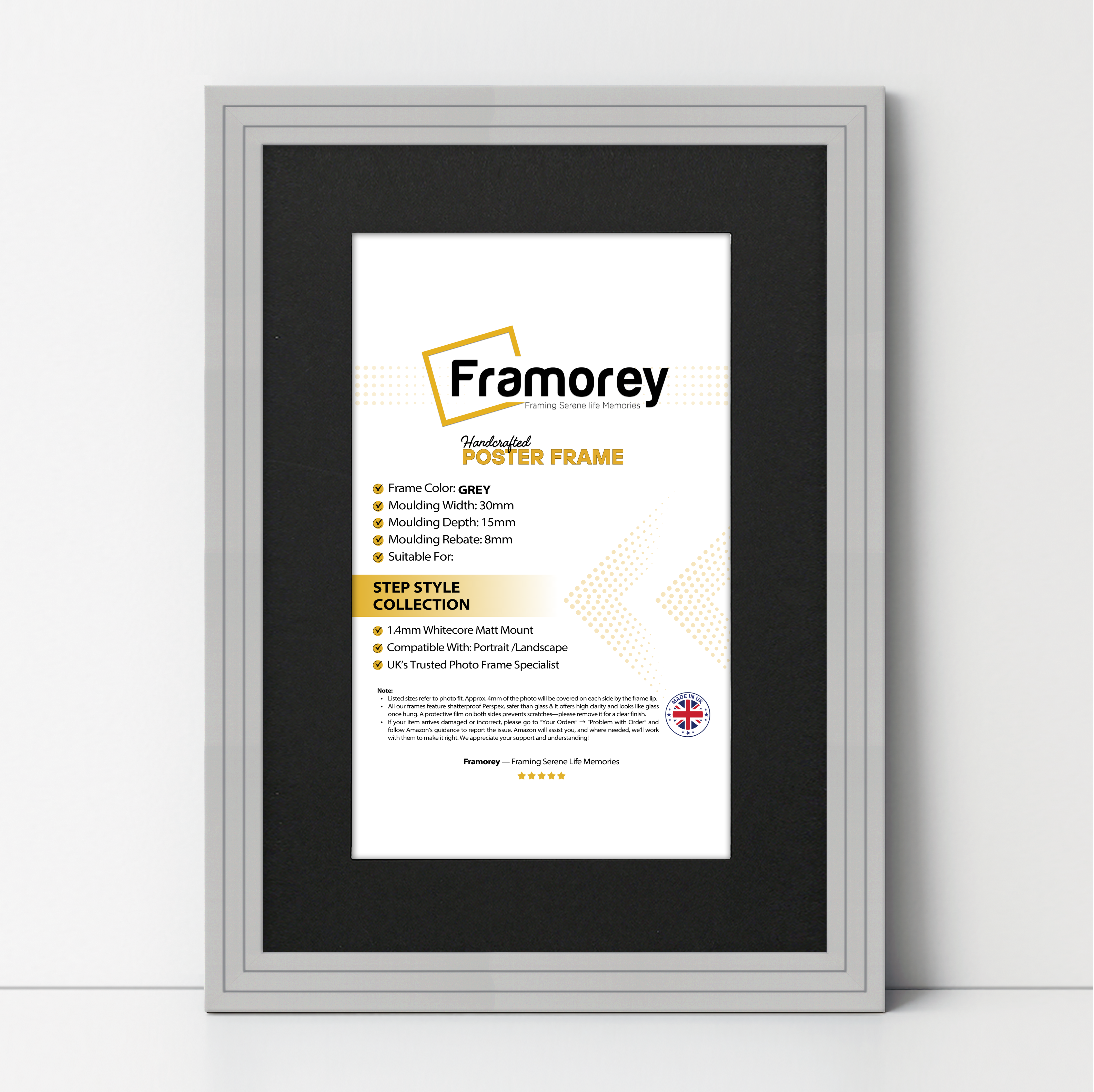 Step Style Grey Picture Frame Wall Art Poster Frame With Black Mount