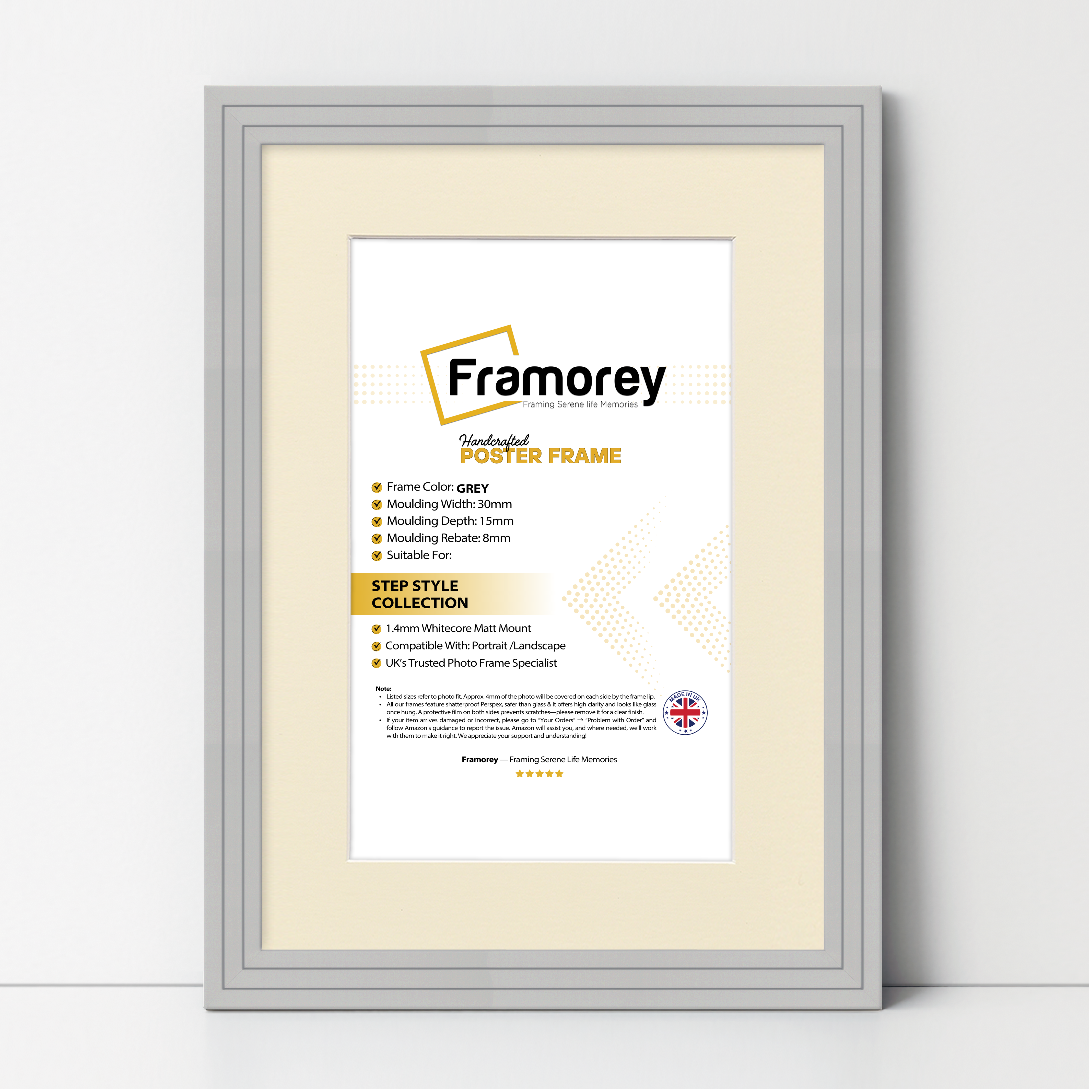 Step Style Grey Picture Frame Wall Art Poster Frame With Ivory Mount