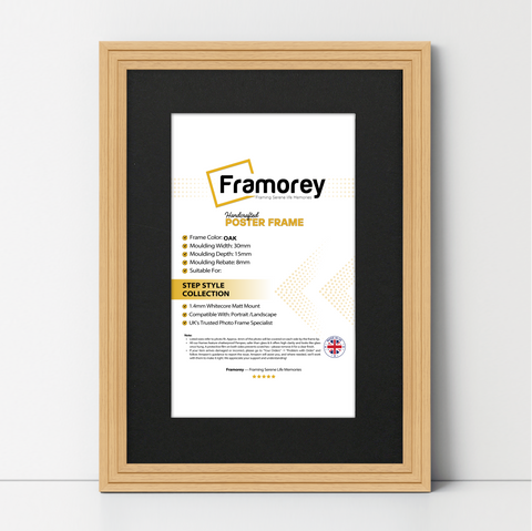 Step Style Oak picture frame With Black Mount shown from front view on a plain white surface standing with a wall