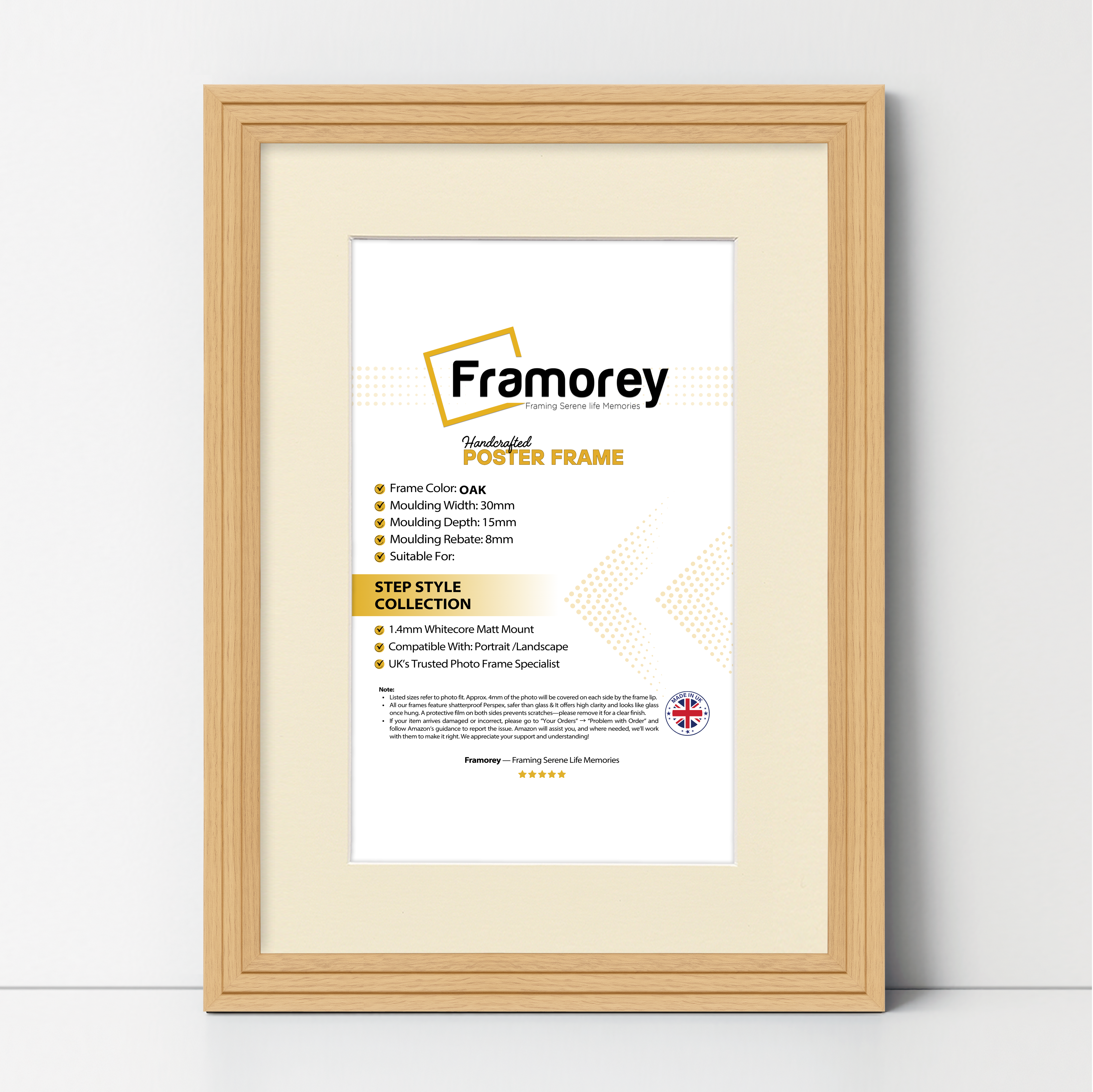 Step Style Oak Picture Frame Wall Art Poster Frame With Ivory Mount