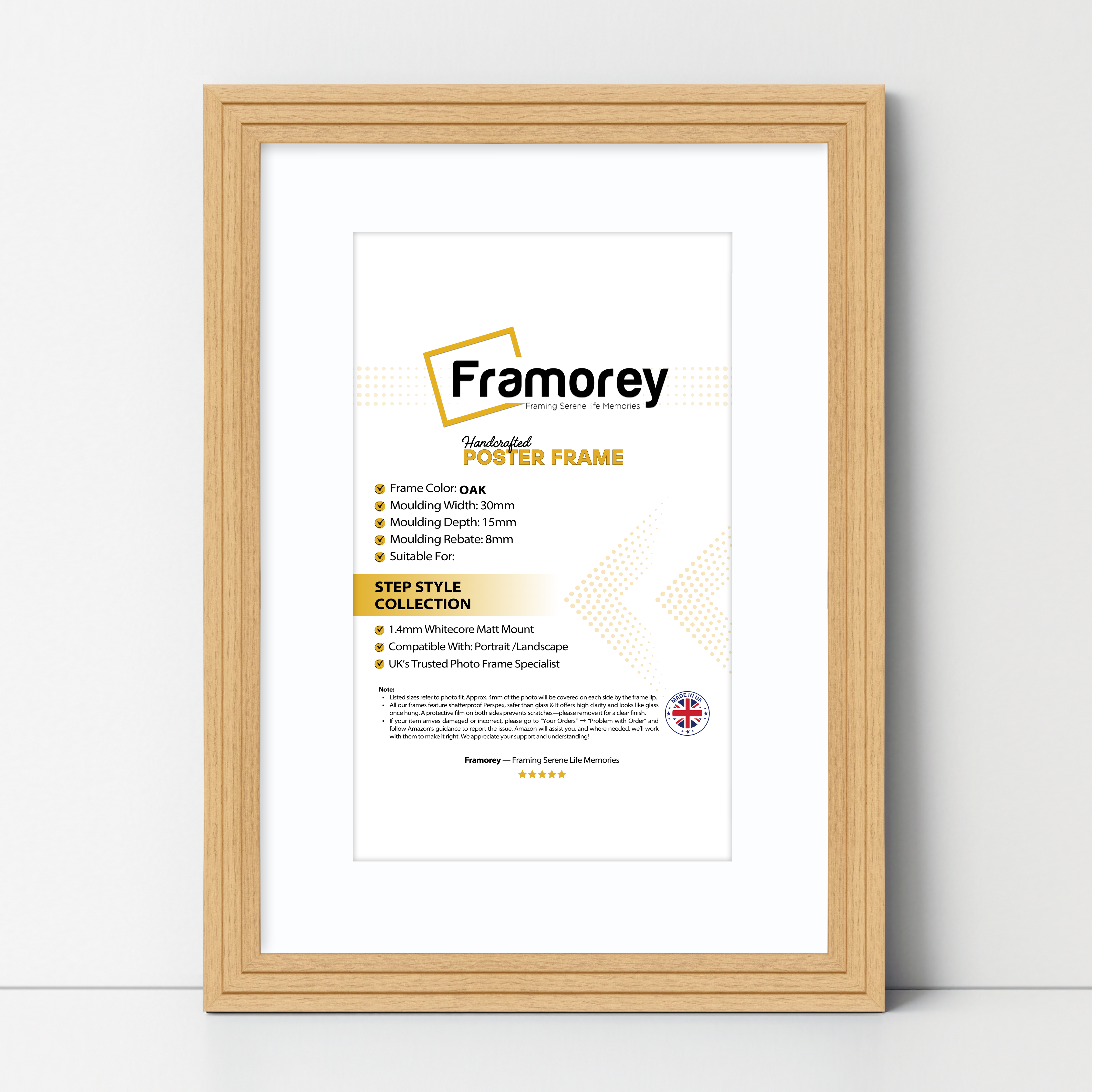 Step Style Oak Picture Frame Wall Art Poster Frame With White Mount