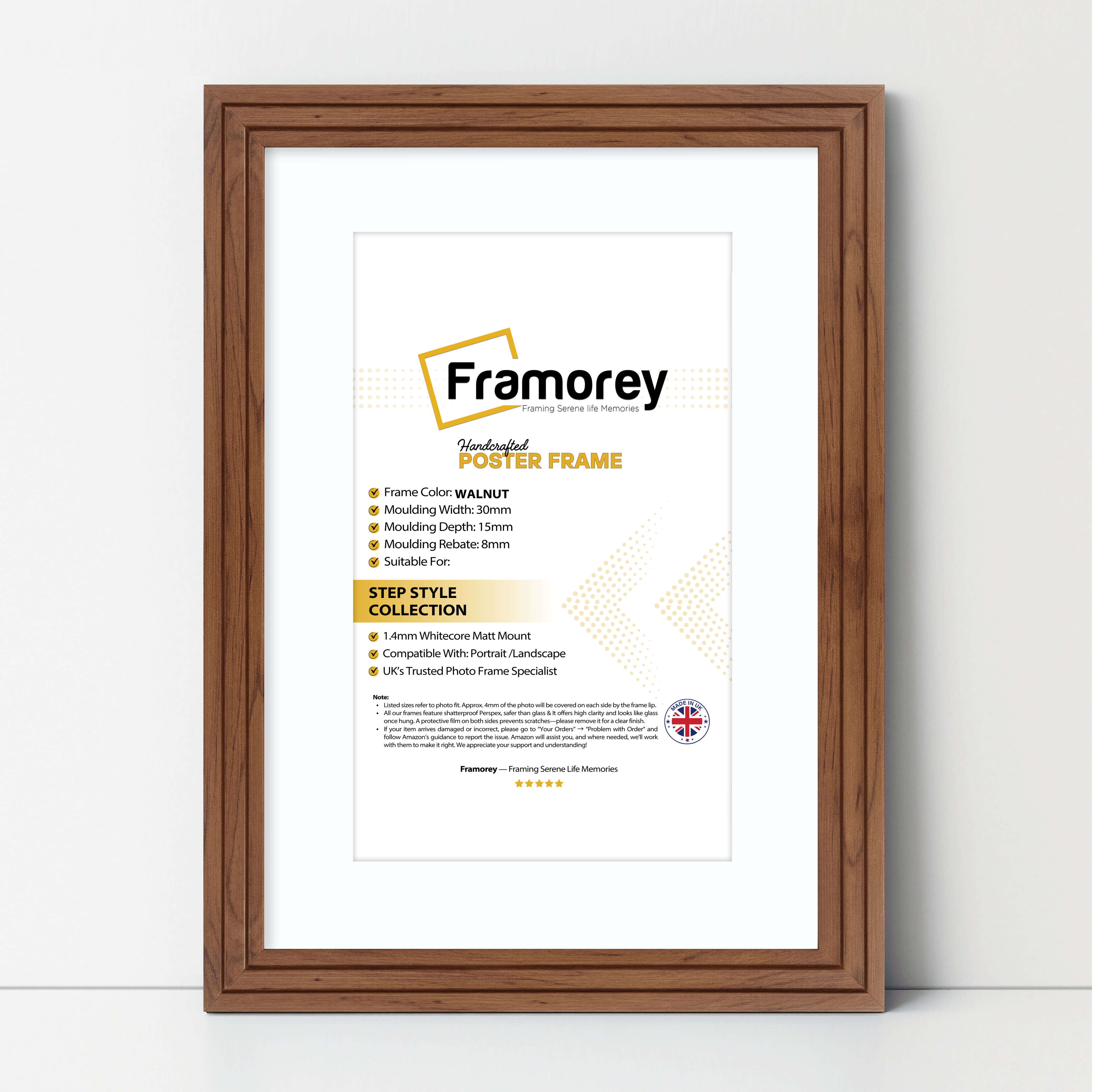 Step Style Walnut Picture Frame Wall Art Poster Frame With White Mount