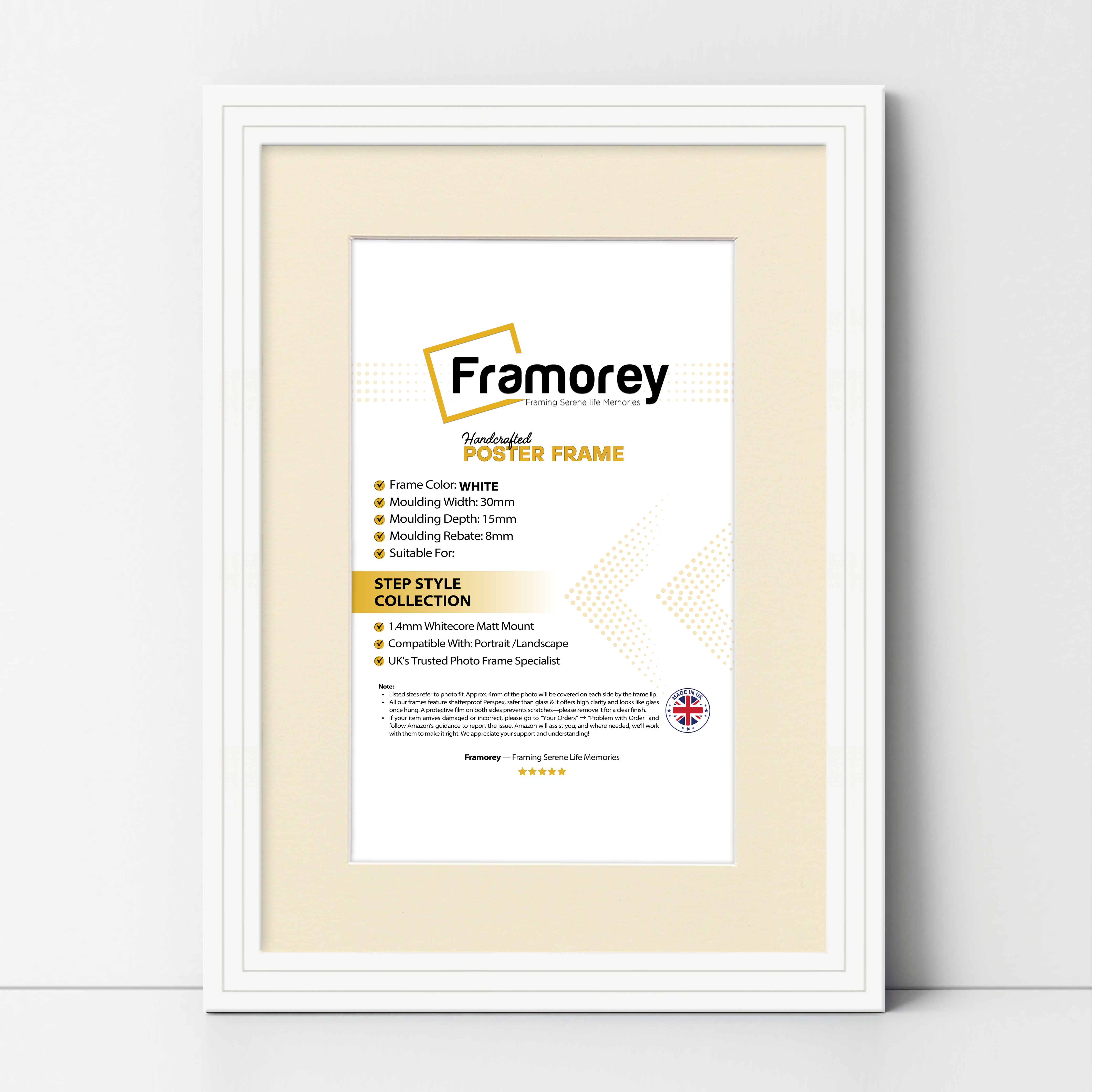 Step Style White Picture Frame Wall Art Poster Frame With Ivory Mount