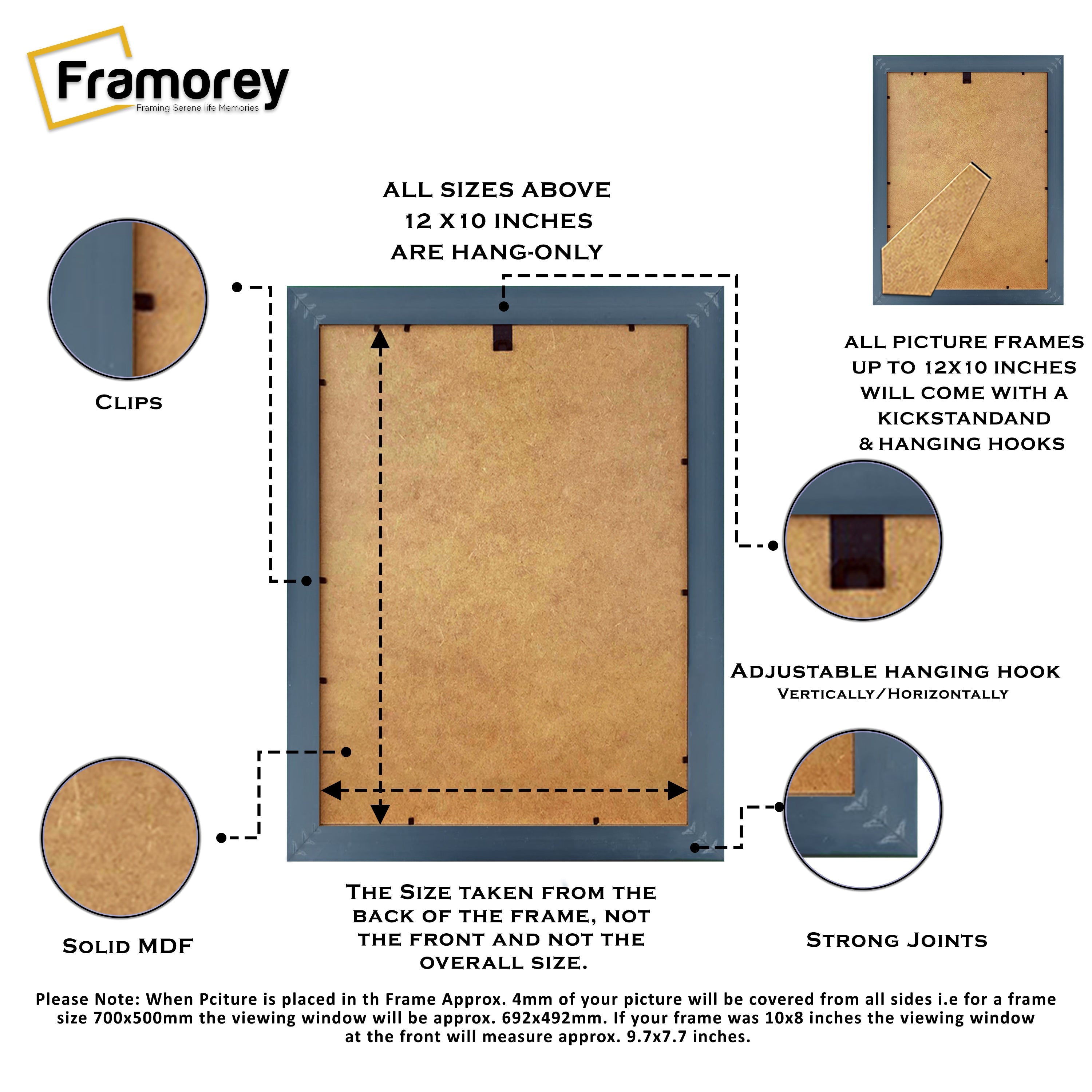 Back view of a shabby chic black picture frame showing the rear structure, hanging hardware, and backing board