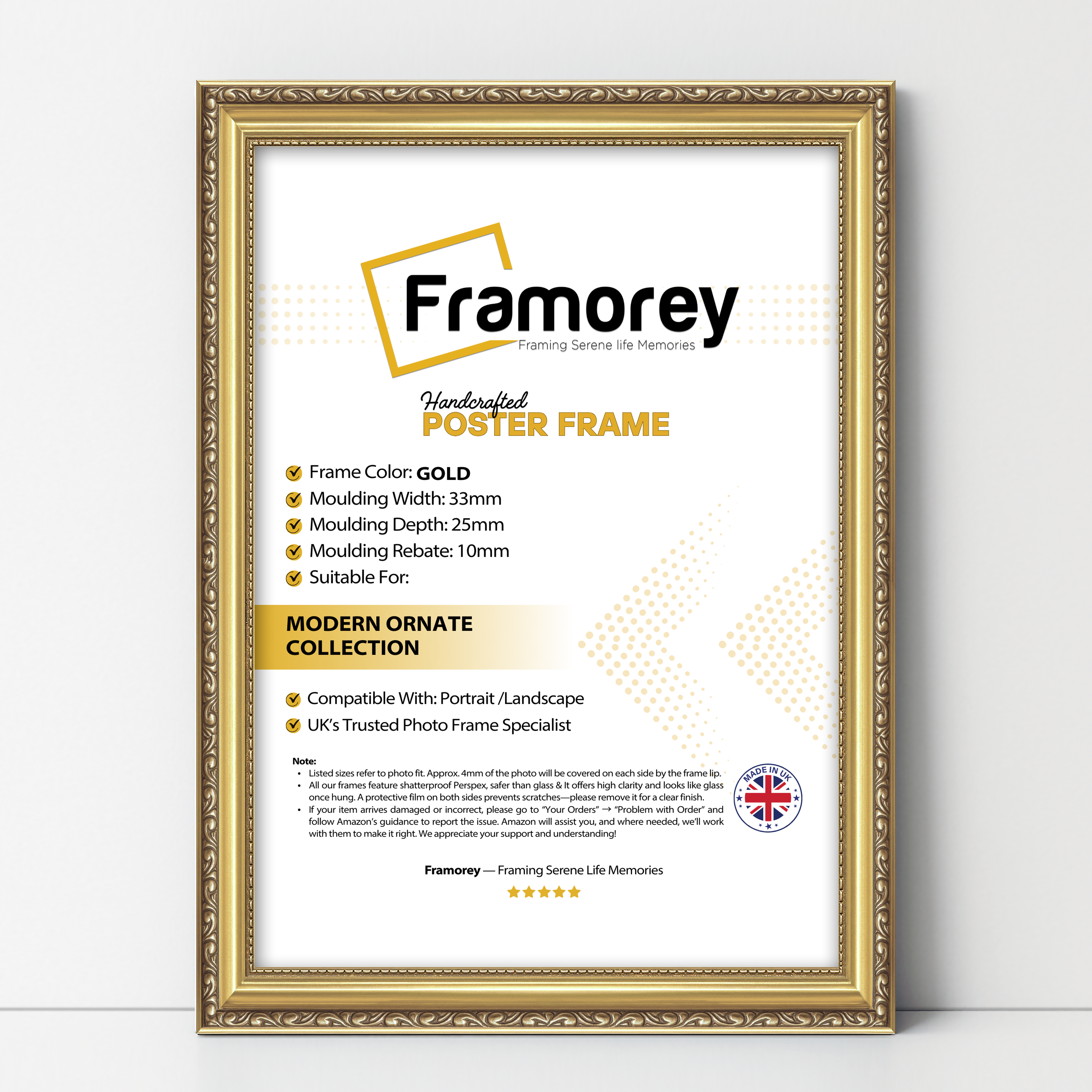 Front view of a shabby chic gold picture frame showing decorative moulding and finish