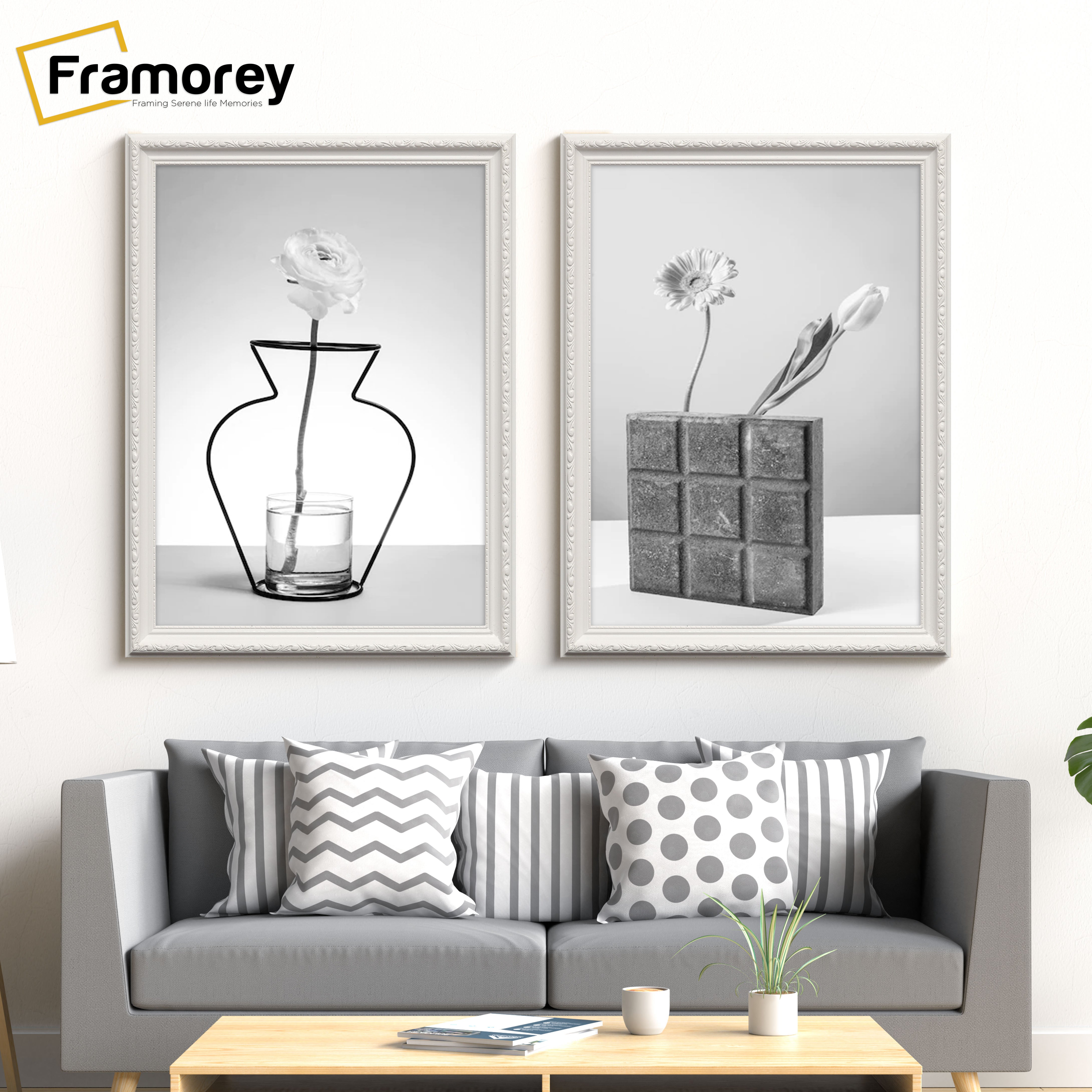 Two White Shabby Chic Poster Frames Hanging on a Wall Over a Couch