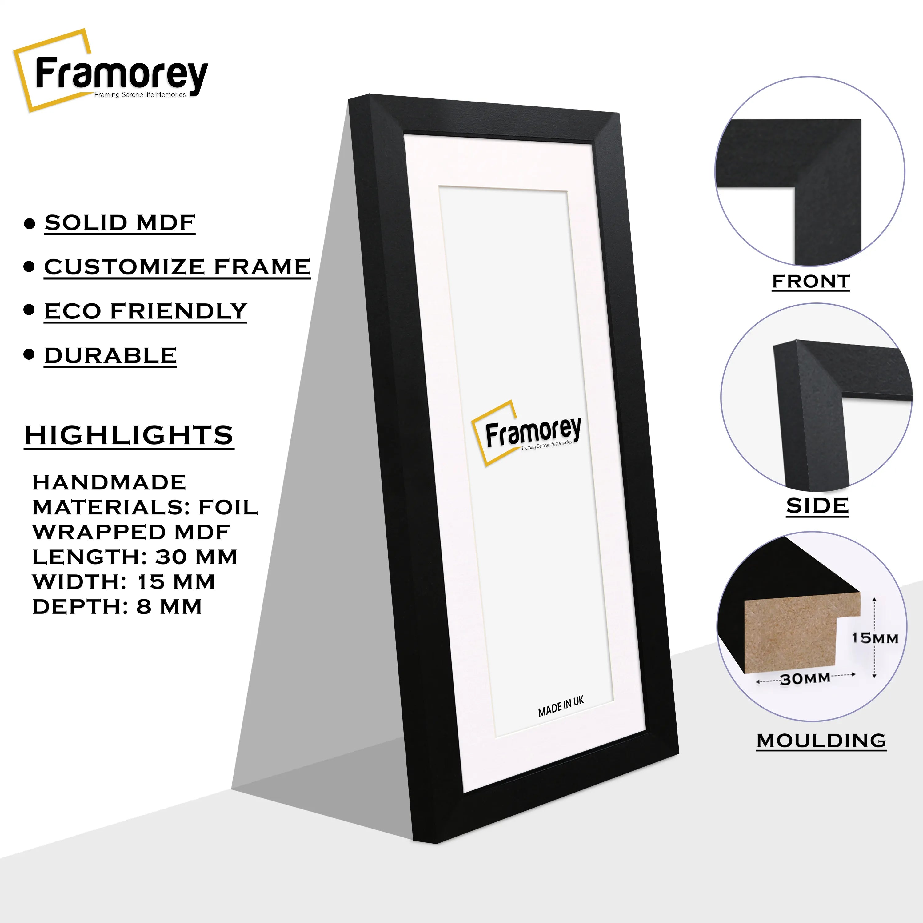Side view of a Panoramic Size Matt Black Photo Frame With White Mount with some highlights on its material.
