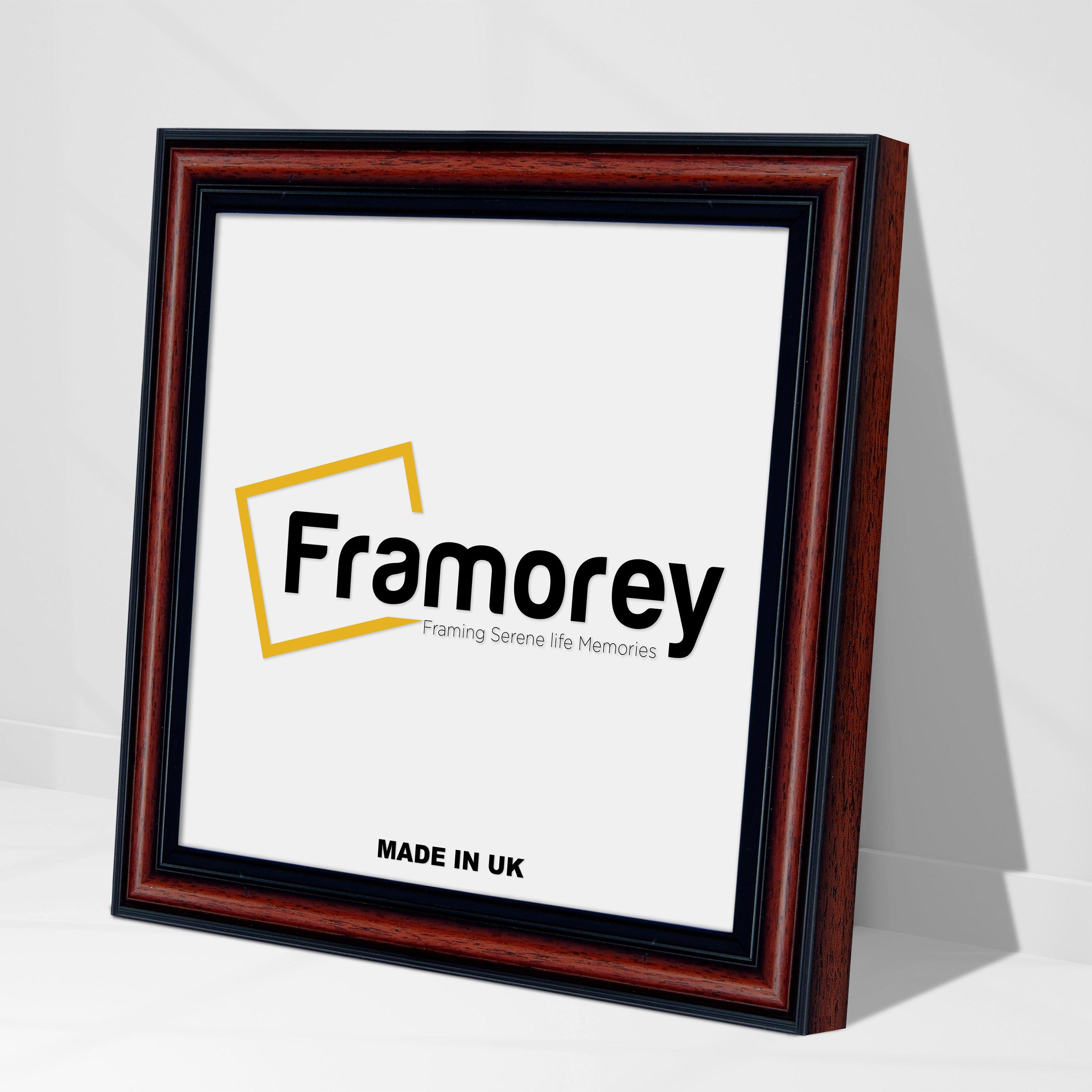 Side view of a Square Size Walnut Photo Frames standing with the wall on a flat surface.