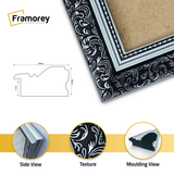 close side view of traditional ornate silver Dahlia picture frame featuring side view, texture and molding view