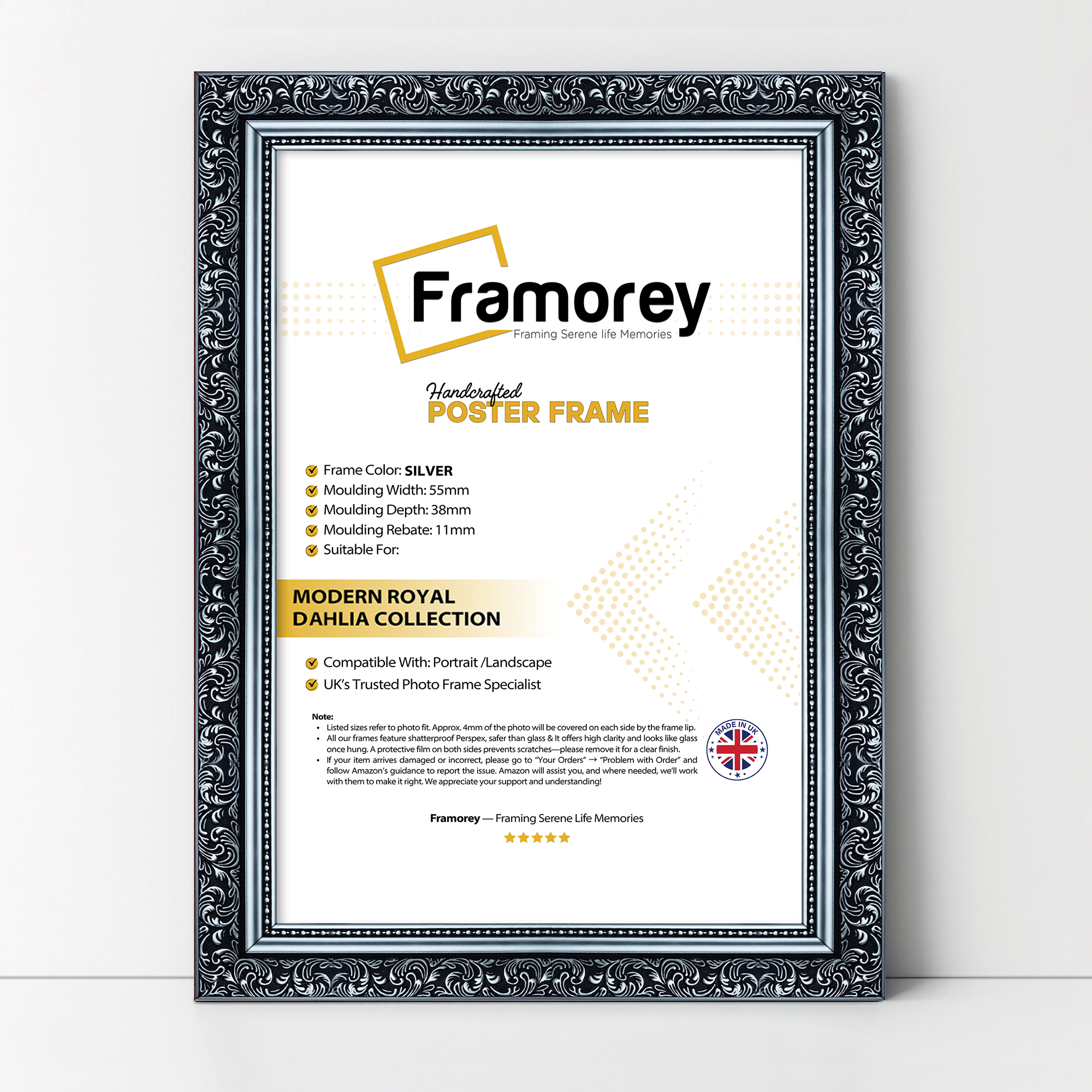 Silver Ornate Photo Frame Traditional Dahlia Picture Frame on a white surface for photos and artwork