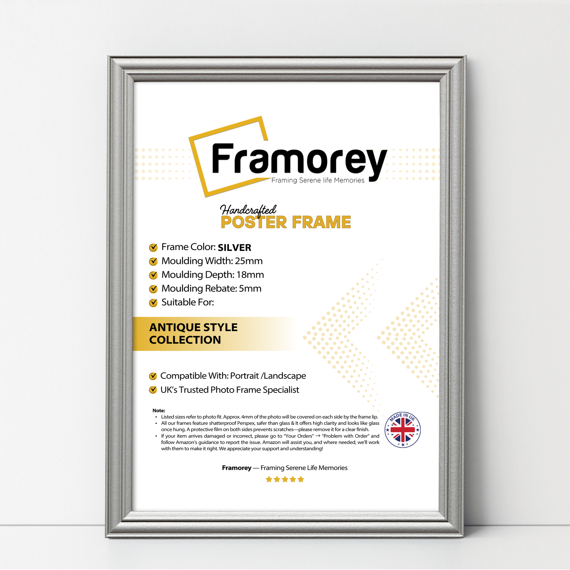 Silver antique-style poster frame, Framorey handmade picture frame for wall display