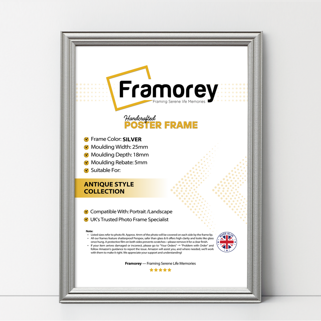 Silver antique-style poster frame, Framorey handmade picture frame for wall display