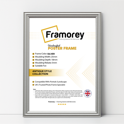 Silver antique-style poster frame, Framorey handmade picture frame for wall display