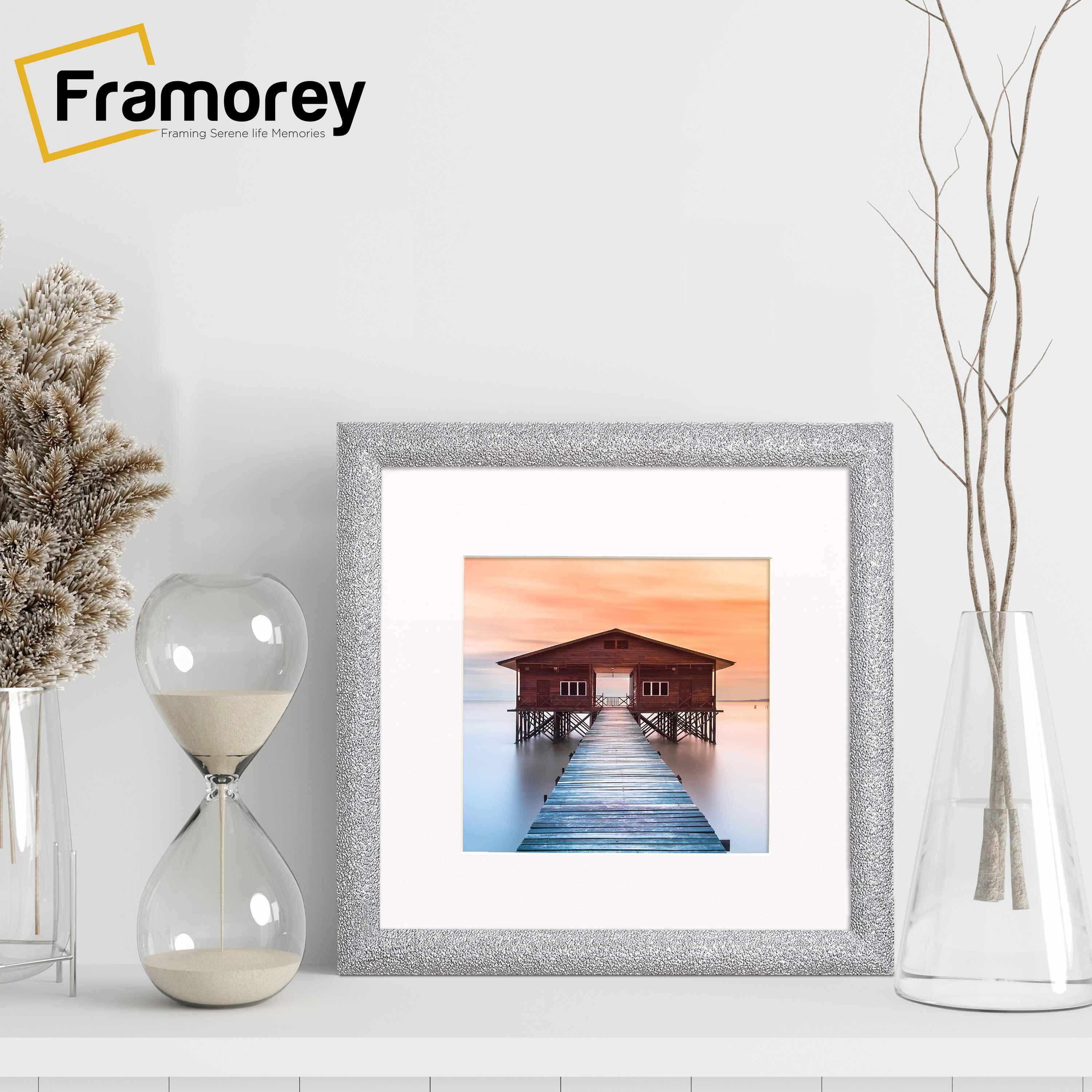 Silver photo frame with white mount, Front view showing modern silver picture frame for photos or artwork, decorative home décor frame ideal for wall or tabletop display