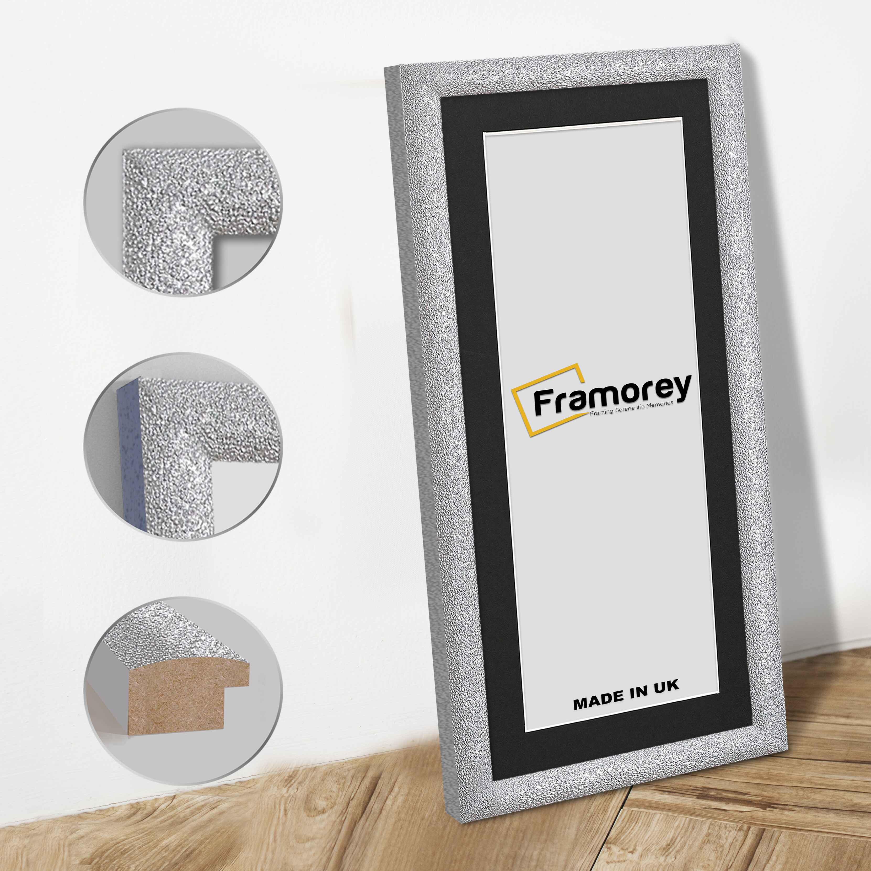 Panoramic Size Glitter Sparkle Silver Photo Frames With Black Mount