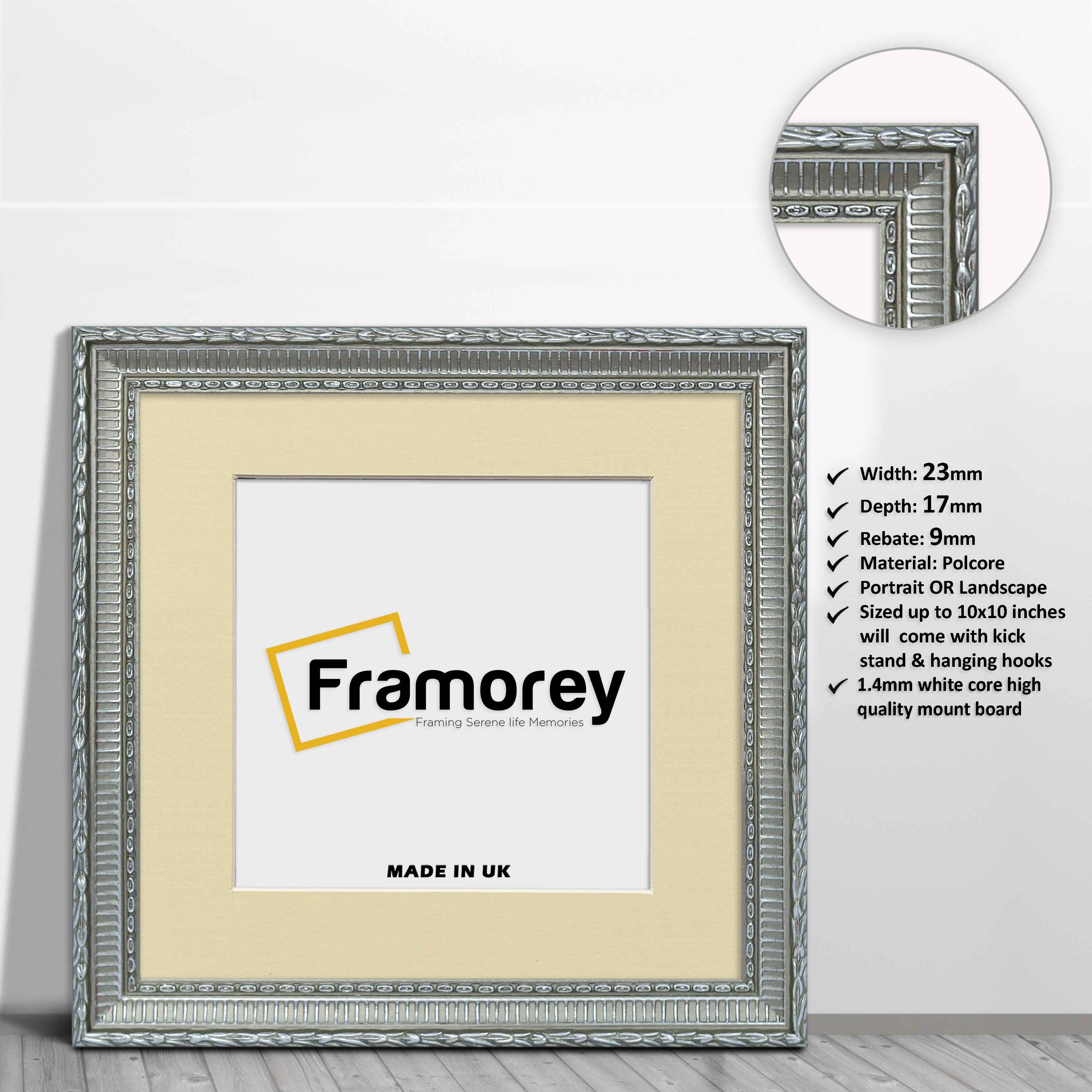 Square Size Silver Picture Frame Mini Ornate Photo Frame With Ivory Mount