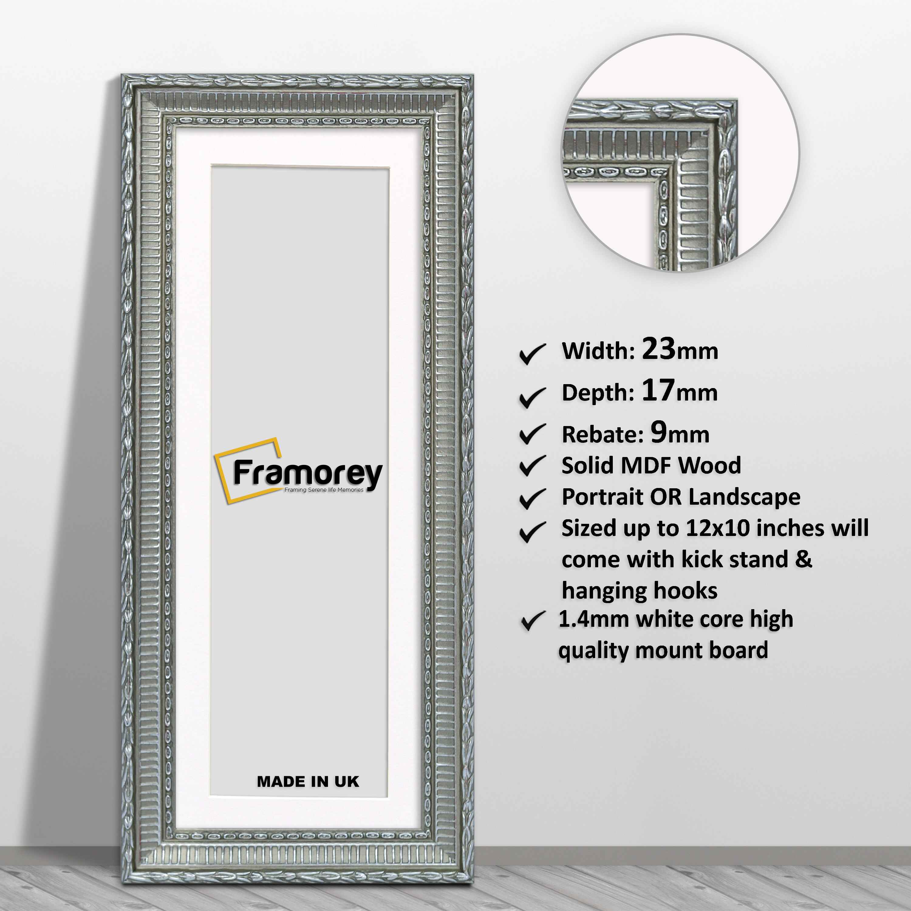 Panoramic Size Silver Picture Frame Mini Ornate Wall Frames With White Mount