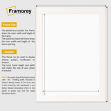 White picture frame size guide line diagram showing outer frame dimensions and inner opening dimensions,  plus brief usage notes