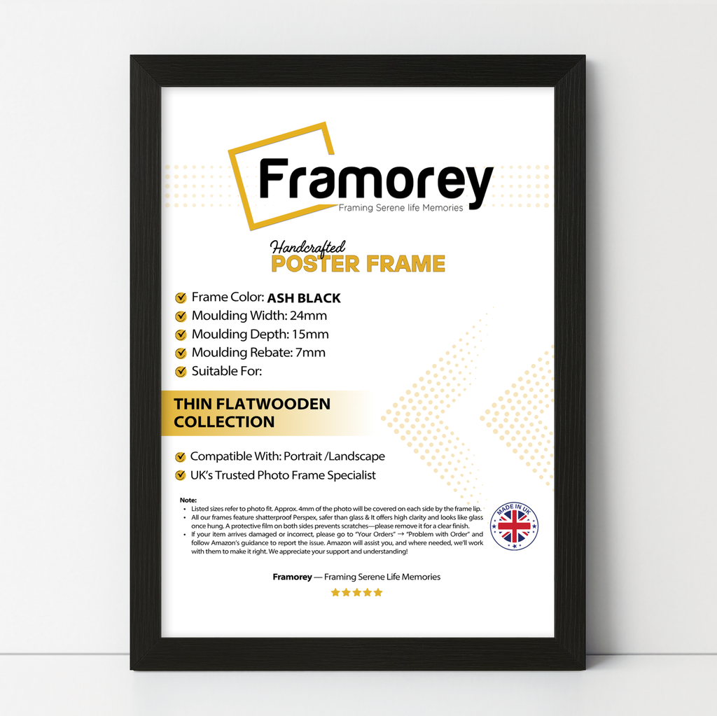 Thin Black picture frame shown from front view on a plain white surface standing with a wall
