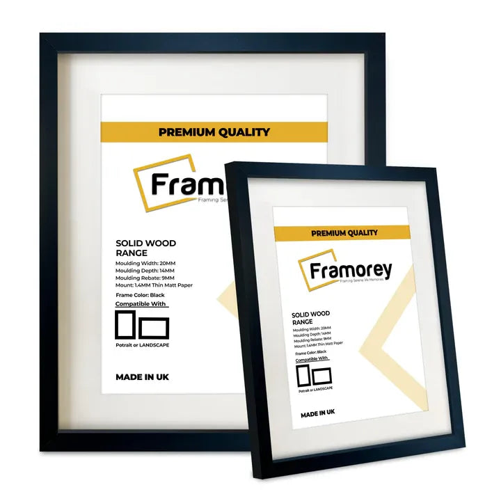 Thin Matt Black Solid Wood Poster Frames With White Mount on White Background 
