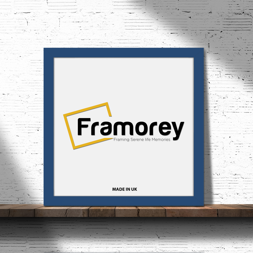 Square Blue Picture Frame Wall Art Photo Frames on a wooden surface