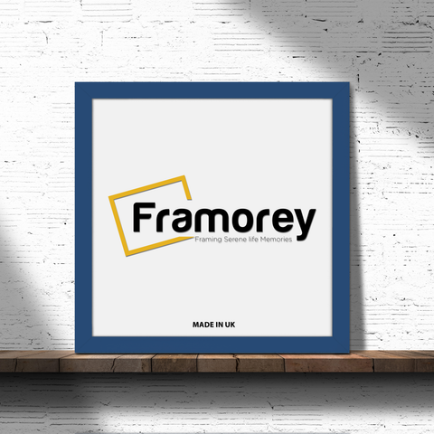 Square Blue Picture Frame Wall Art Photo Frames on a wooden surface