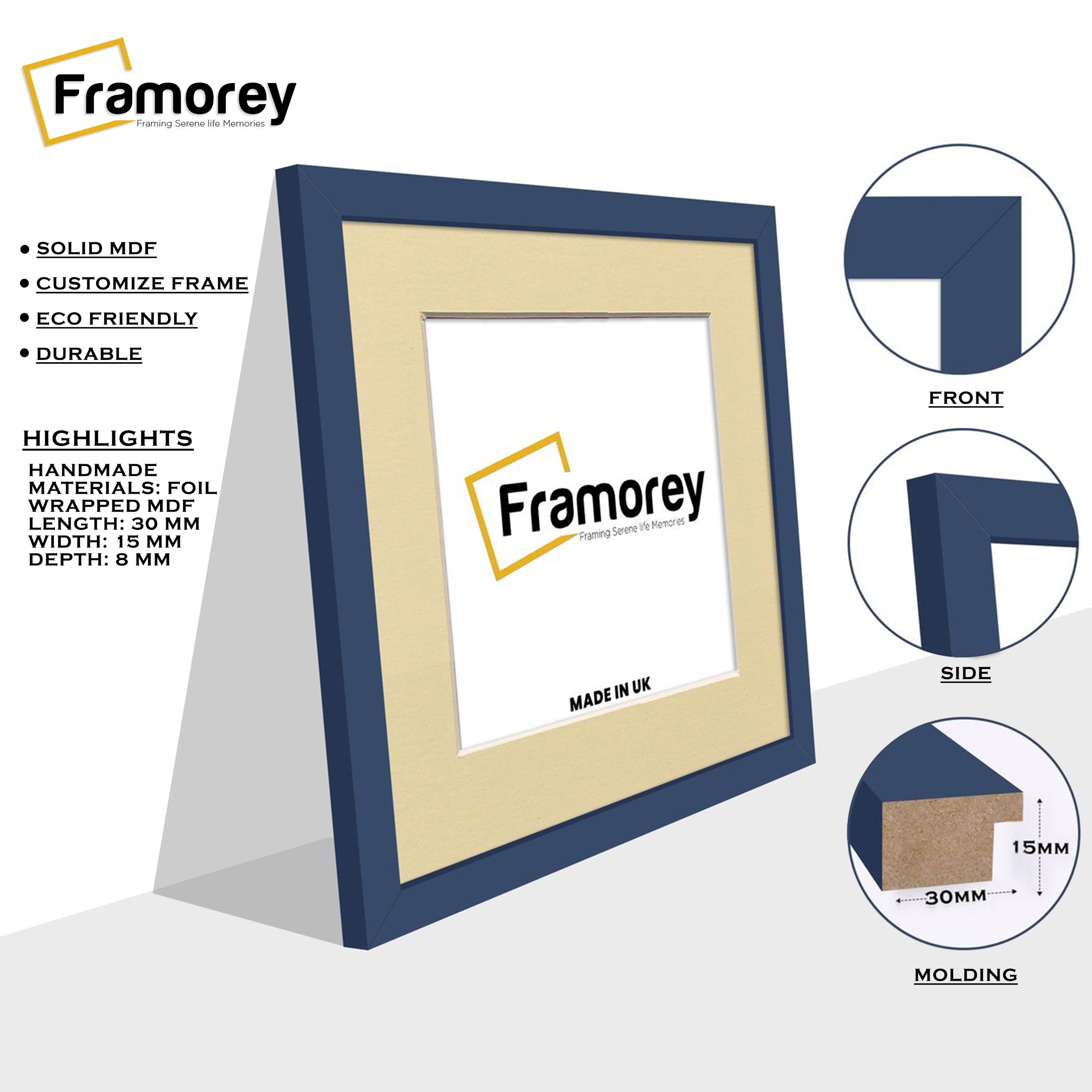 Square Blue Picture Frame with Ivory Mount Wall Art Photo Frames. Side View, Front View, and Moulding.
