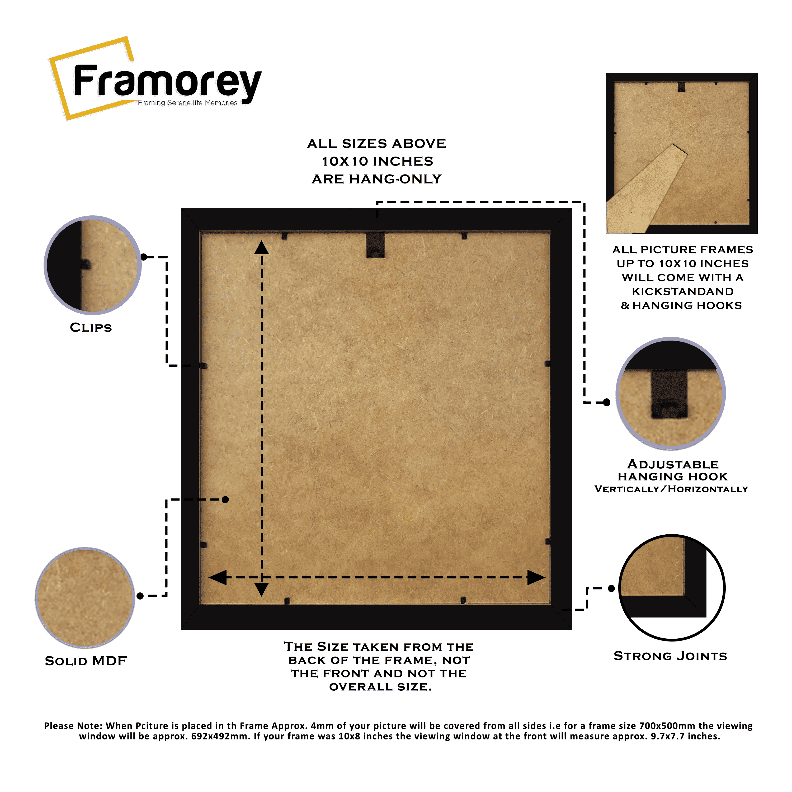 Back overview of a thin matt black photo frame with detailed features.