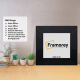 Square Black Photo Print Frame Handmade Wall Art Frame with a Framorey logo inside the frame and some detail on its measurement.