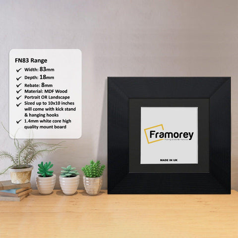 Square Black Photo Print Frame With Black Mount with a Framorey logo and some detail on its measurement.
