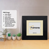 Square Black Photo Print Frame With Ivory Mount with a Framorey logo and some detail on its measurement.