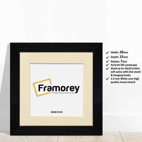 Square Size Ash Black Photo Frames with Ivory mount leaning with the wall with some details.