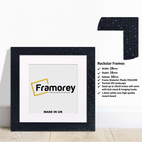 Square Black Poster Frame Rockstar Style With White Mount  on a wooden surface with some details on its parts.