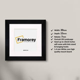 Square Black Picture Frames With White Mount on a flat surface with some detail on its measurement.