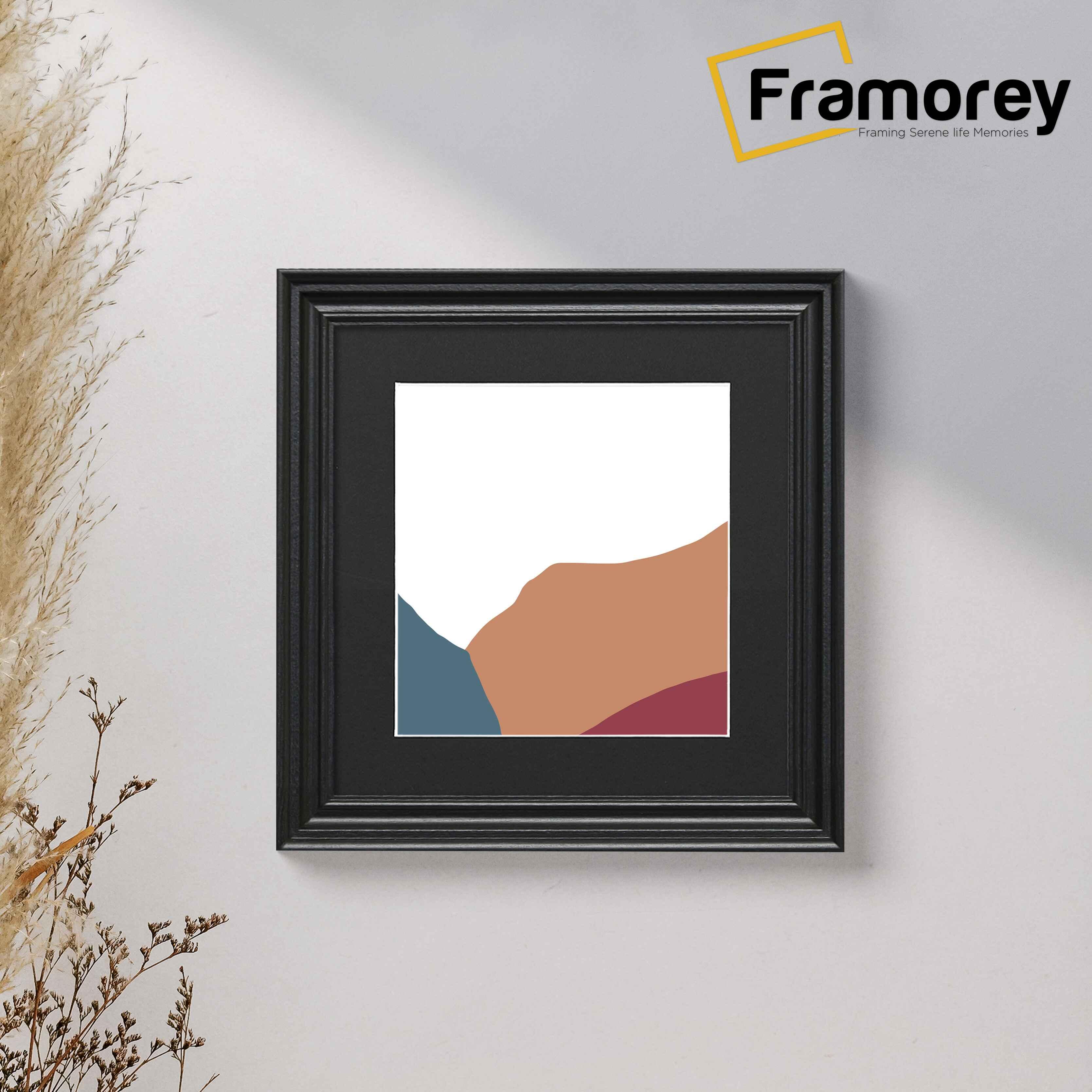 Swept Style Square Black Photo Print Frame With Black Mount hanging on a wall.