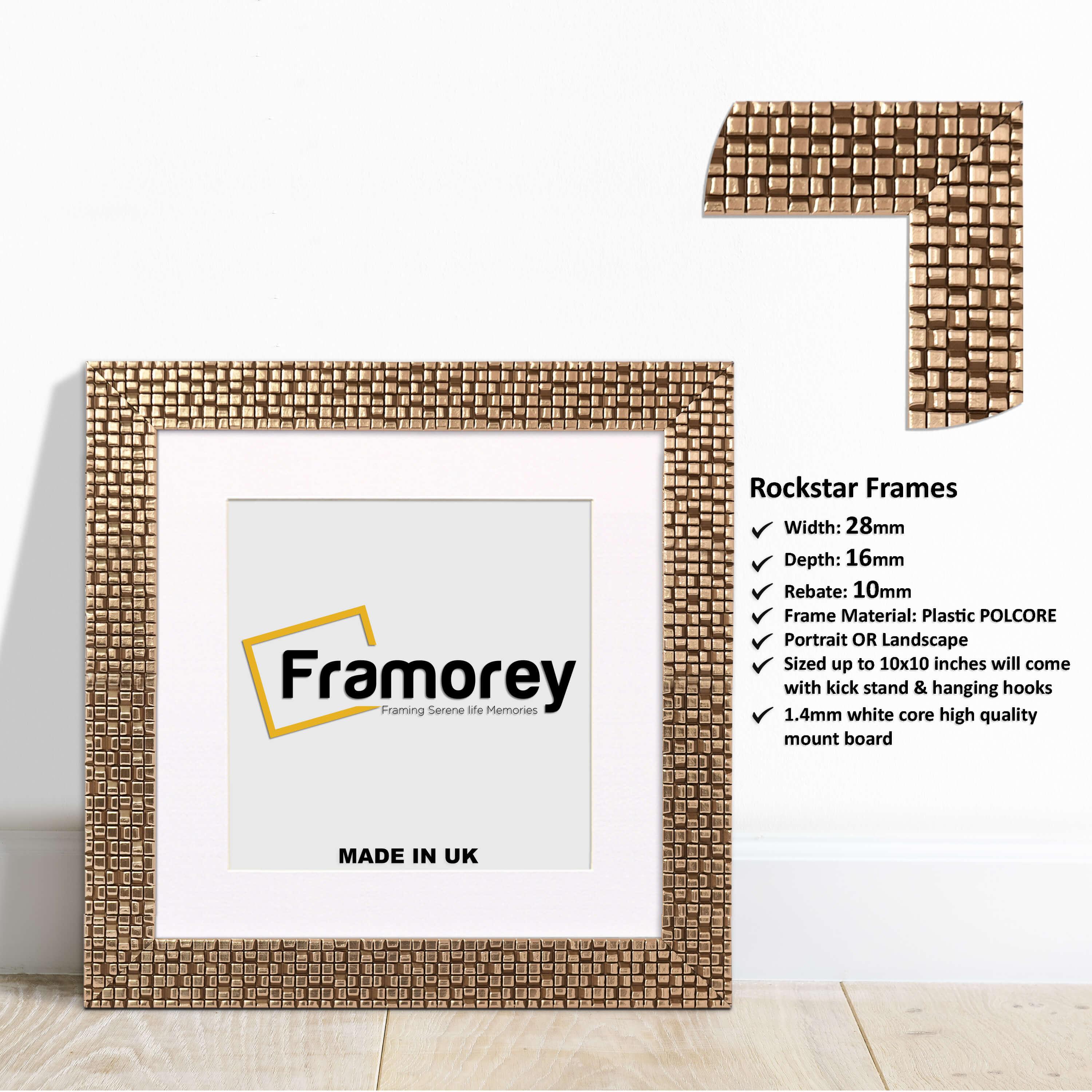 Square Copper Poster Frame Rockstar Style With White Mount  on a wooden surface with some details on its parts.