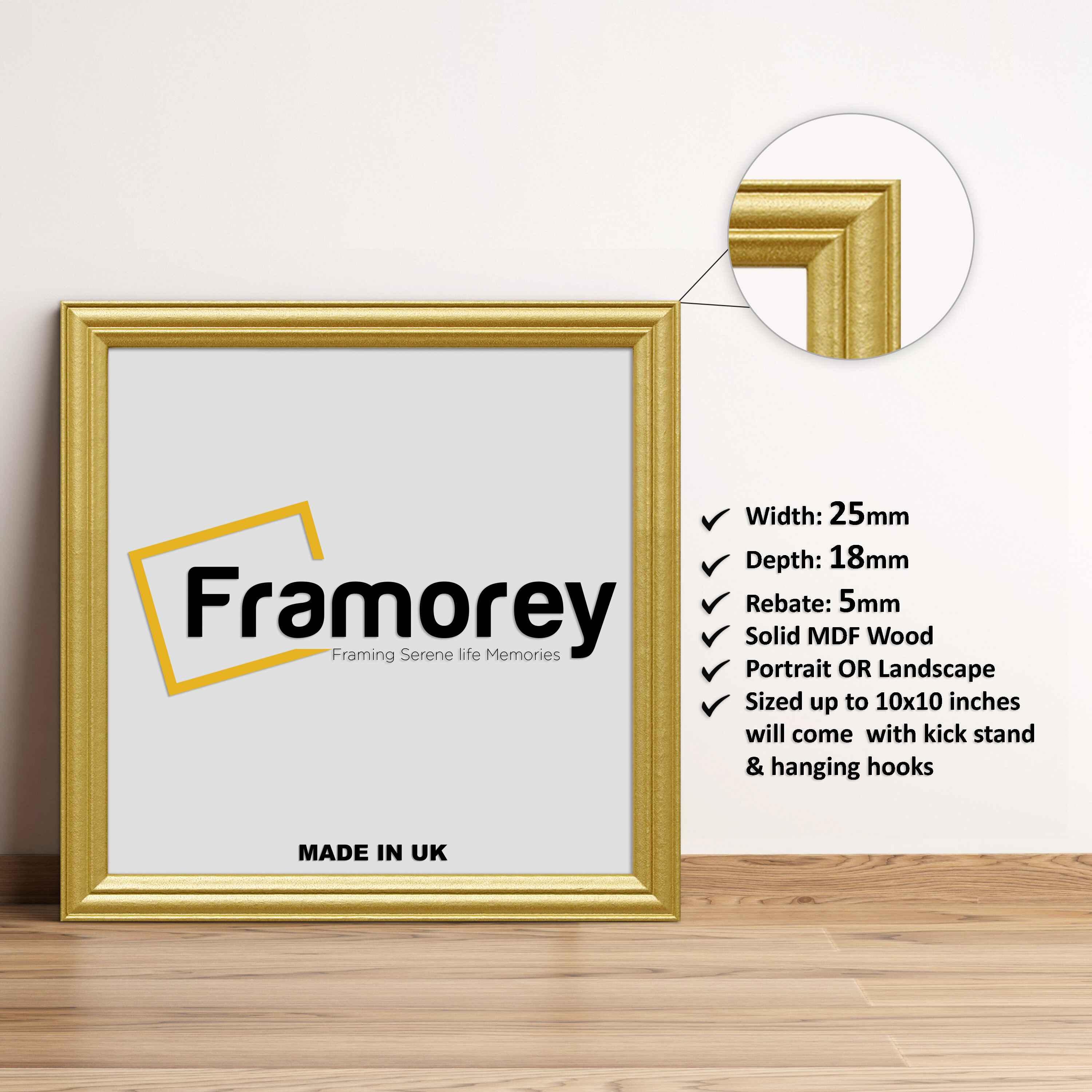 Antique Square Gold Photo Frame with some details about frame on its left side.